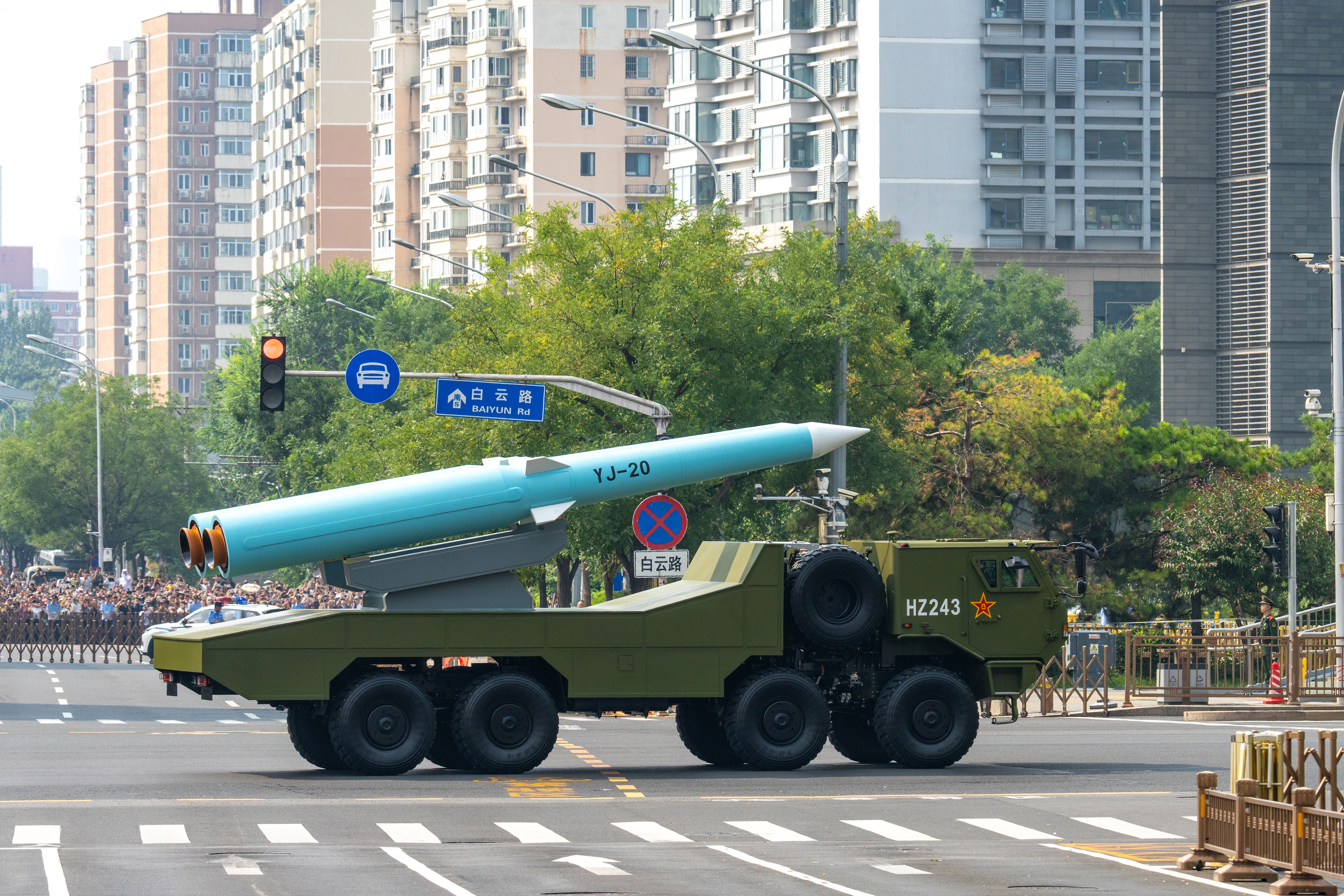 BEIJING, CHINA - SEPTEMBER 03: YJ-20 hypersonic anti-ship ballistic missile are reviewed durings the V-Day military parade on September 3, 2025 in Beijing, China. China unveiled its land-, sea-, and air-based strategic forces as the nuclear triad for the first time in Wednesday's V-Day military parade during a grand gathering to commemorate the 80th anniversary of the victory in the Chinese People's War of Resistance against Japanese Aggression and the World Anti-Fascist War. (Photo by VCG/VCG via Getty Images)