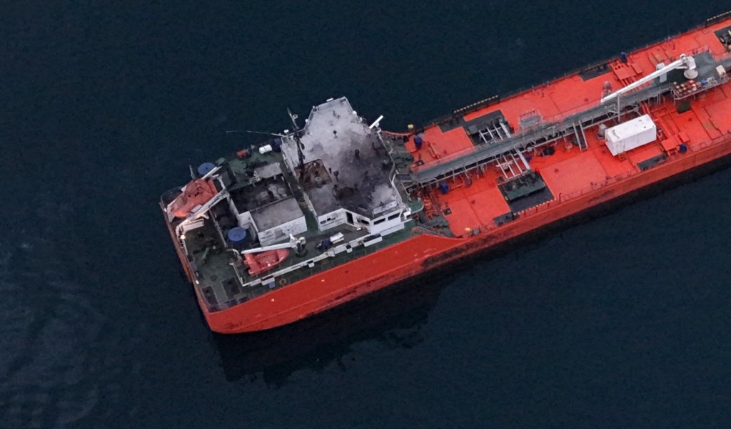 SINOP, TURKIYE - DECEMBER 02: An aerial view of the 'MIDVOLGA-2,' a vessel sailing from Russia to Georgia, arrives off the coast of Sinop, a northern province of Turkiye, after coming under attack in international waters in the Black Sea on December 02, 2025. (Photo by Ramazan Ozcan/Anadolu via Getty Images)