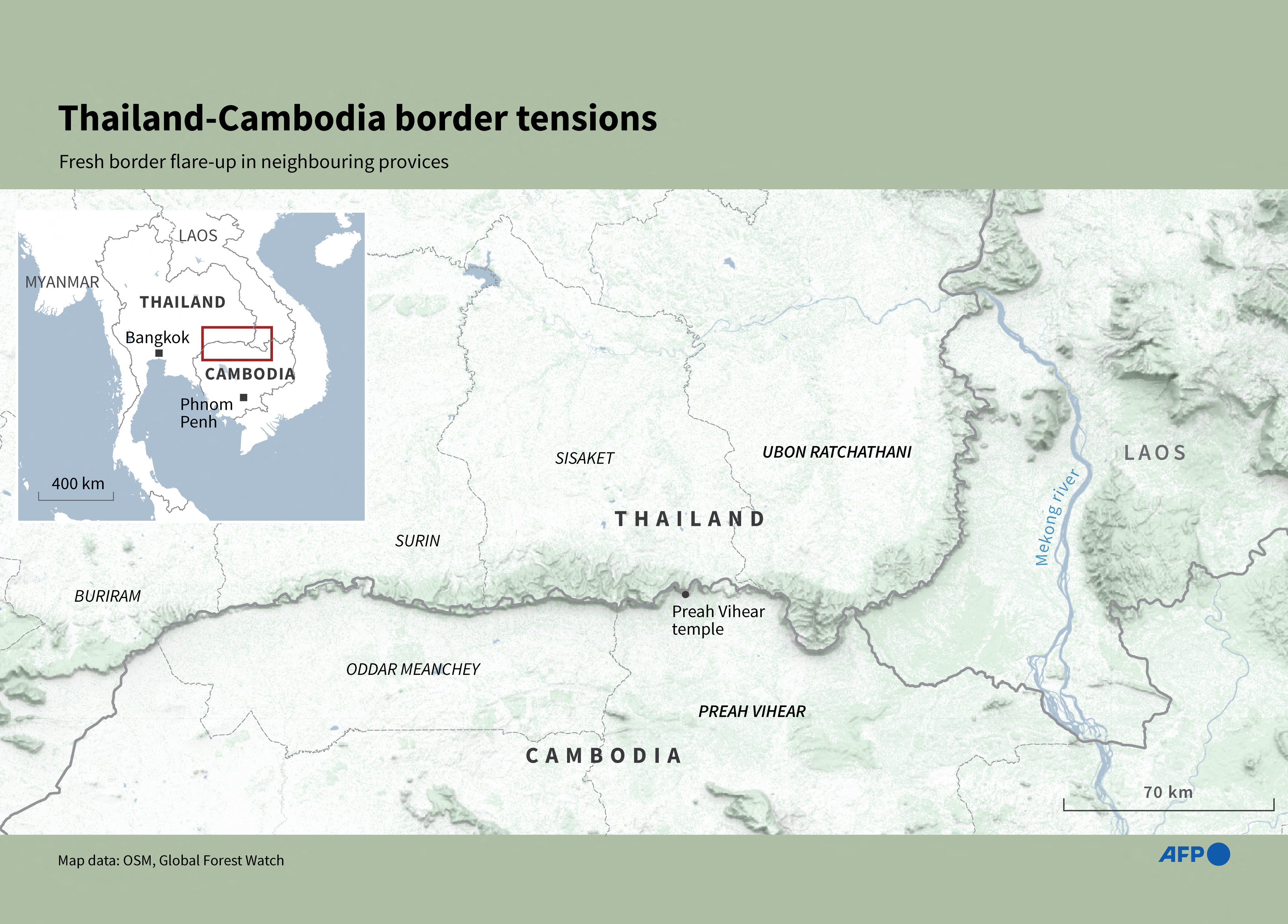 Infographic map showing the area on the Thailand-Cambodia border where fresh violence flared on December 8. (Graphic by John SAEKI and Nicholas SHEARMAN / AFP via Getty Images)