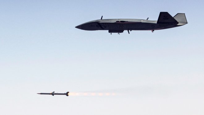 An AIM-120 Advanced Medium Range Air-to-Air Missile is launched from an MQ-28A Ghost Bat during Trial Kareela at RAAF Base Woomera, South Australia.