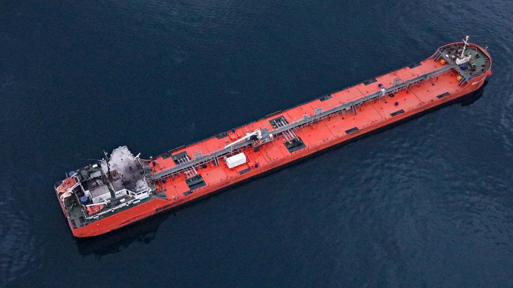SINOP, TURKIYE - DECEMBER 02: An aerial view of the 'MIDVOLGA-2,' a vessel sailing from Russia to Georgia, arrives off the coast of Sinop, a northern province of Turkiye, after coming under attack in international waters in the Black Sea on December 02, 2025. (Photo by Ramazan Ozcan/Anadolu via Getty Images)