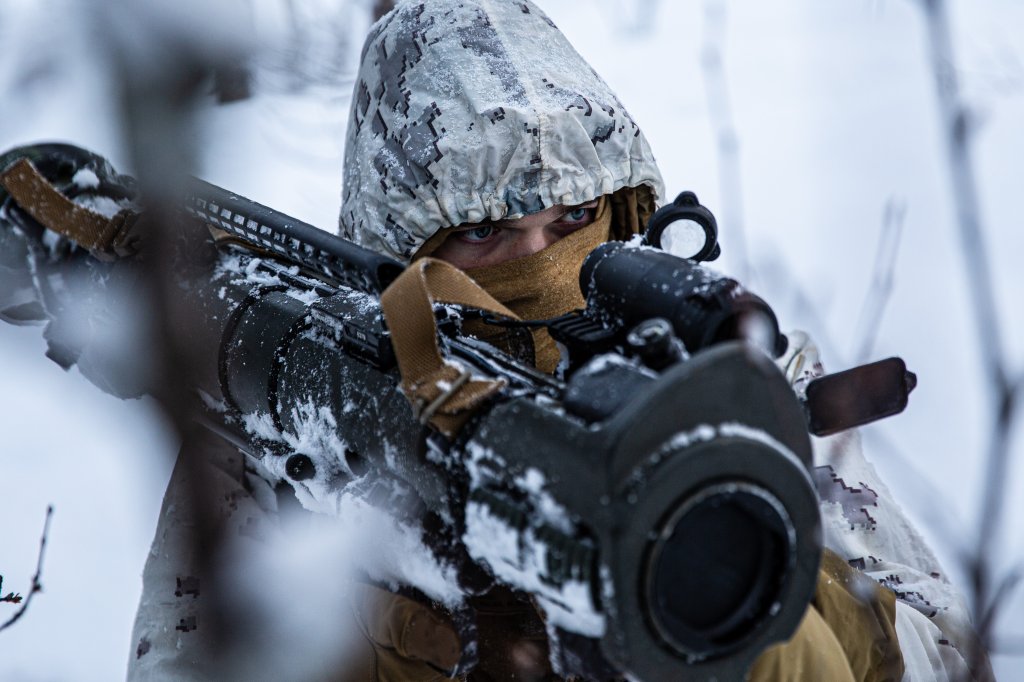 A U.S. Marine with 2d Battalion, 8th Marines, 2d Marine Division aims an M3A1 Multi-Role Anti-Armor Anti-Personnel Weapons System during cold-weather training in preparation of Exercise Joint Viking 25 in Setermoen, Norway, Feb. 16, 2025. U.S. Marines are in Norway as part of exercise Joint Viking 25, a Norwegian military exercise focusing on arctic cold-weather training and military-to-military engagements. The exercise demonstrates the Marine Corps' unique ability to rapidly deploy during a crisis and aims to enhance interoperability between the U.S. Marine Corps and NATO allies and partners. (U.S. Marine Corps photo by Cpl. Alexander Peterson)
