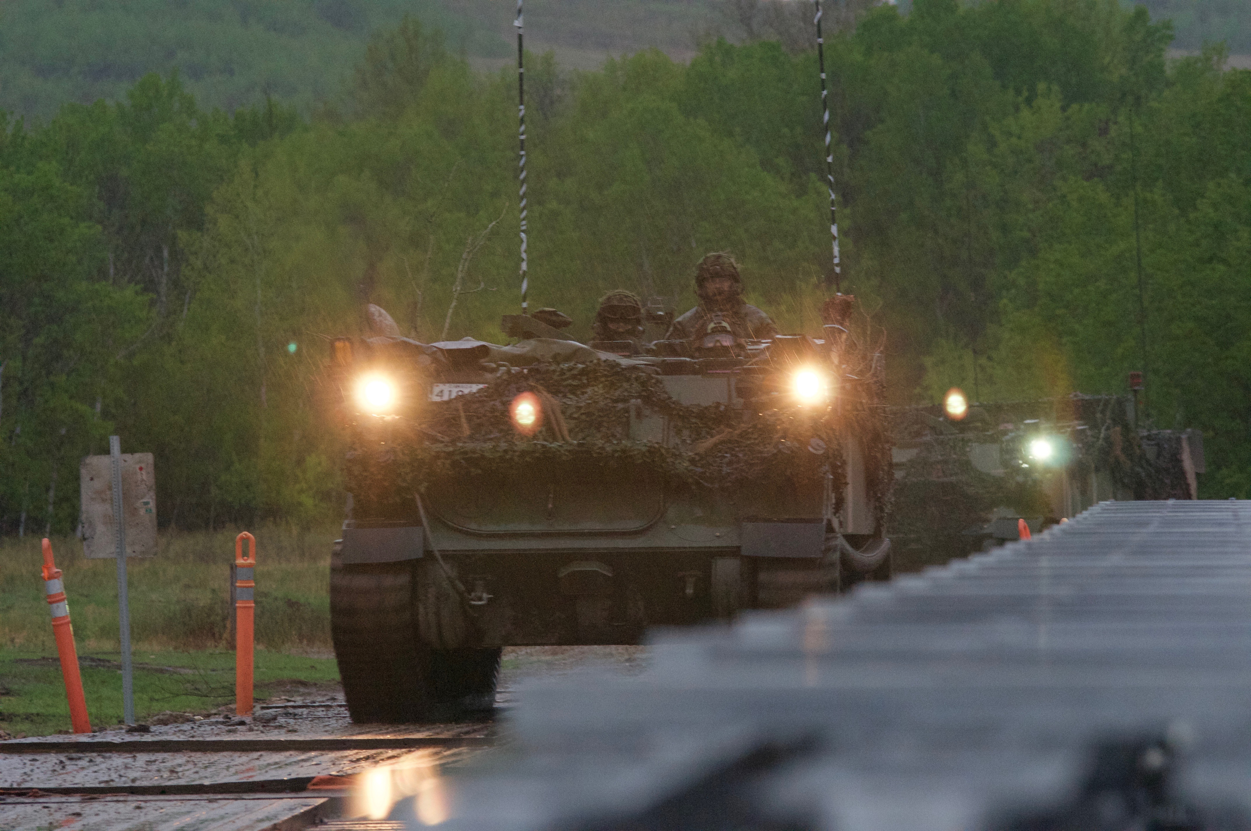 Canadian soldiers of the 2nd Canadian Mechanized Brigade Group move a tracked light armored vehicle (TLAV) conducts a convoy operation as part of Exercise Maple Resolve 17 at Camp Wainwright, Alberta, Canada on May 14, 2017. Exercise Maple Resolve 17 is the Canadian Army’s largest training event of the year involving approximately 40,000 Canadian soldiers, 1,000 U.S. Soldiers and servicemembers from Britain, Australia, New Zealand and France, held May 14 to 29.