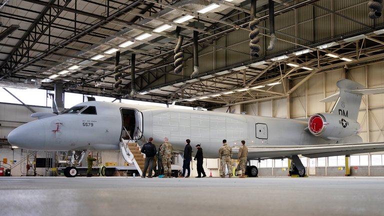 A U.S. Air Force EA-37B Compass Call aircraft assigned to the 55th Electronic Combat Group at Davis-Monthan Air Force Base, Arizona, is parked at Ramstein Air Base, Germany, as part of its first stop in the European theater for a scheduled road show, Jan. 26, 2026. The aircraft is also slated to visit Spangdahlem AB, Germany, and RAF Mildenhall, England, marking the platform’s introduction to Airmen, units and NATO Allies in the U.S. Air Forces in Europe area of responsibility. (U.S. Air Force photo by Senior Airman Edgar Grimaldo)