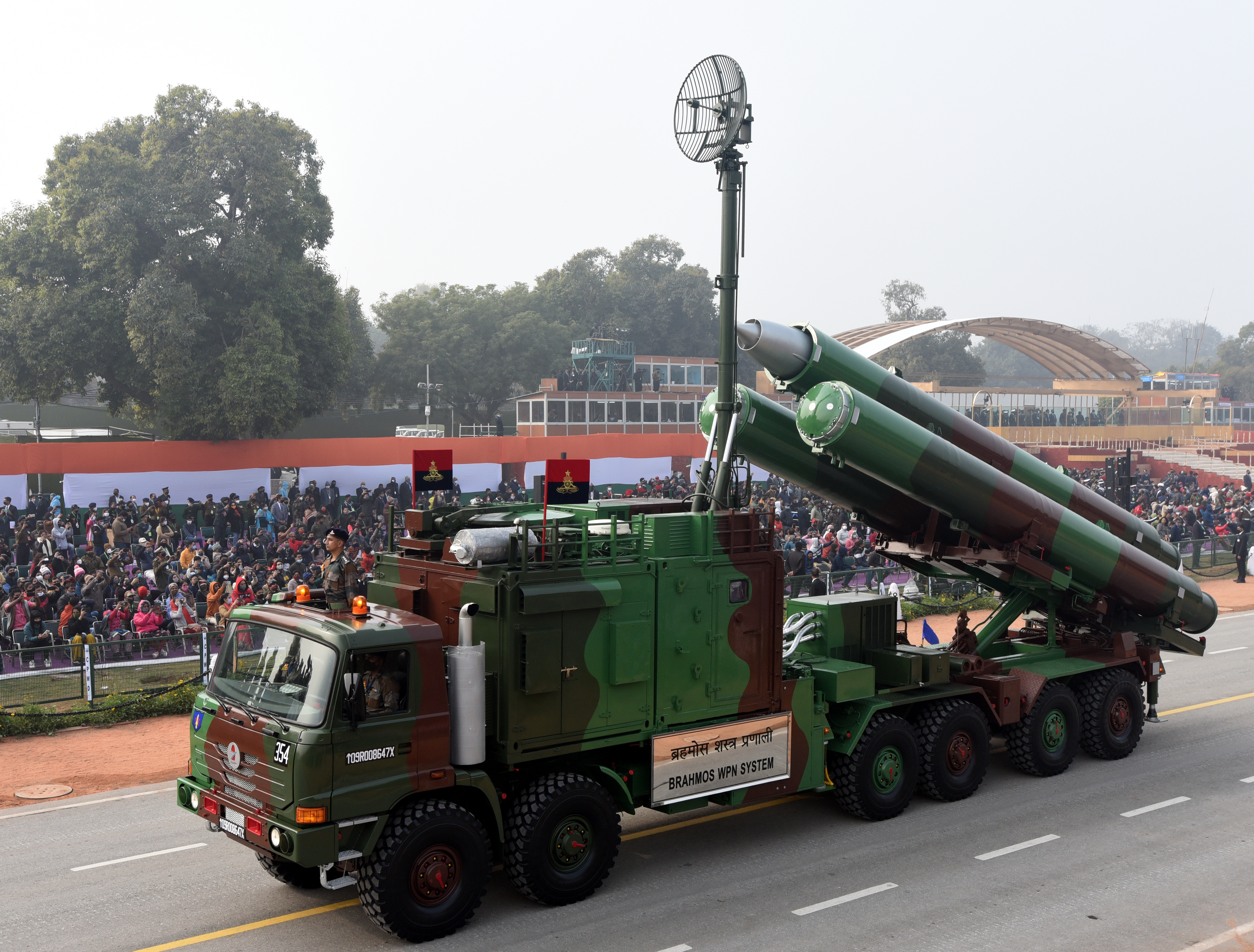 NEW DELHI, INDIA JANUARY 23: Brahmos WPN System take part during full dress rehearsal for the Republic Day parade, at Rajpath on January 23, 2020 in New Delhi, India. (Photo by Sonu Mehta/Hindustan Times via Getty Images)