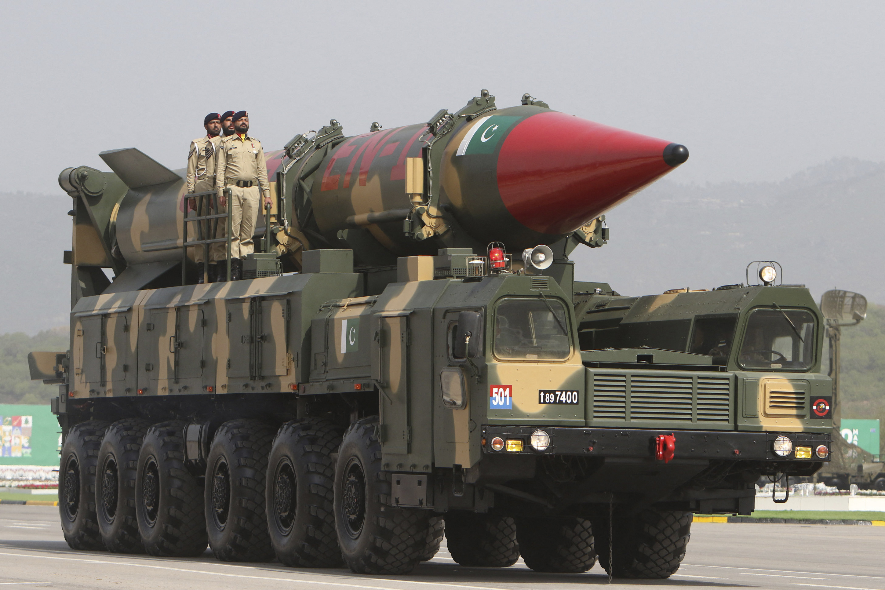 A Pakistan's military vehicle carries a long-range ballistic missile Shaheen during the Pakistan Day parade in Islamabad on March 23, 2022. (Photo by Ghulam Rasool / AFP) (Photo by GHULAM RASOOL/AFP via Getty Images)