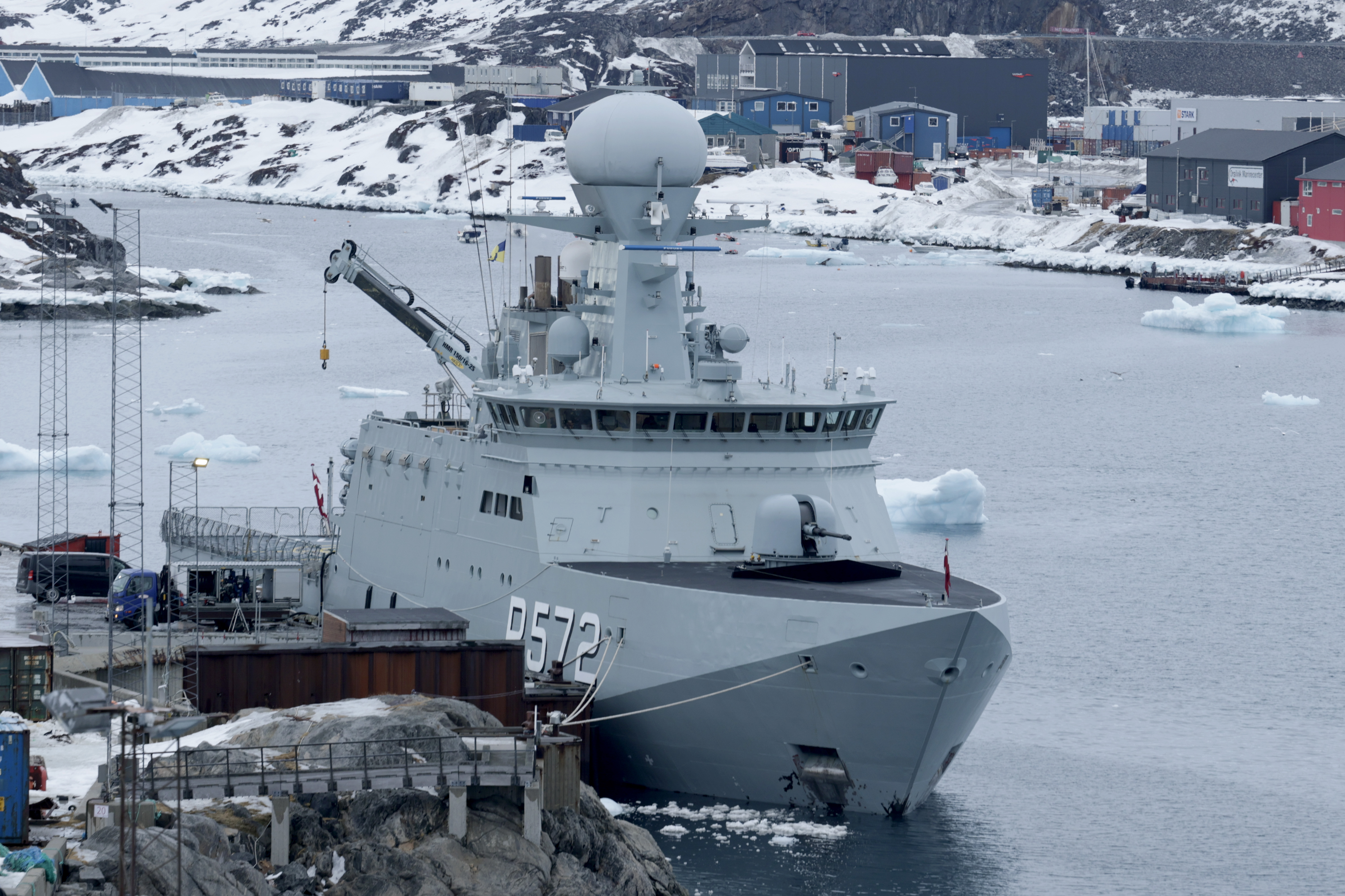 NUUK, GREENLAND - MARCH 12: The Danish flagged DMS Lauge Koch, an offshore Royal Danish Navel patrol vessel, docks at the Port of Nuuk on March 12, 2025 in Nuuk, Greenland. The self-ruling Danish territory and world's largest island has been thrust into the geopolitical spotlight as U.S. President Donald Trump has vowed to acquire it, citing its strategic value, drawing objections from Danish and Greenlandic leaders. In his State of the Union address, Trump said the US needed Greenland for national security and would "get it one way or the other," but added that he supported Greenlanders' right to determine their own future. The territory holds its general election on March 11. (Photo by Joe Raedle/Getty Images)