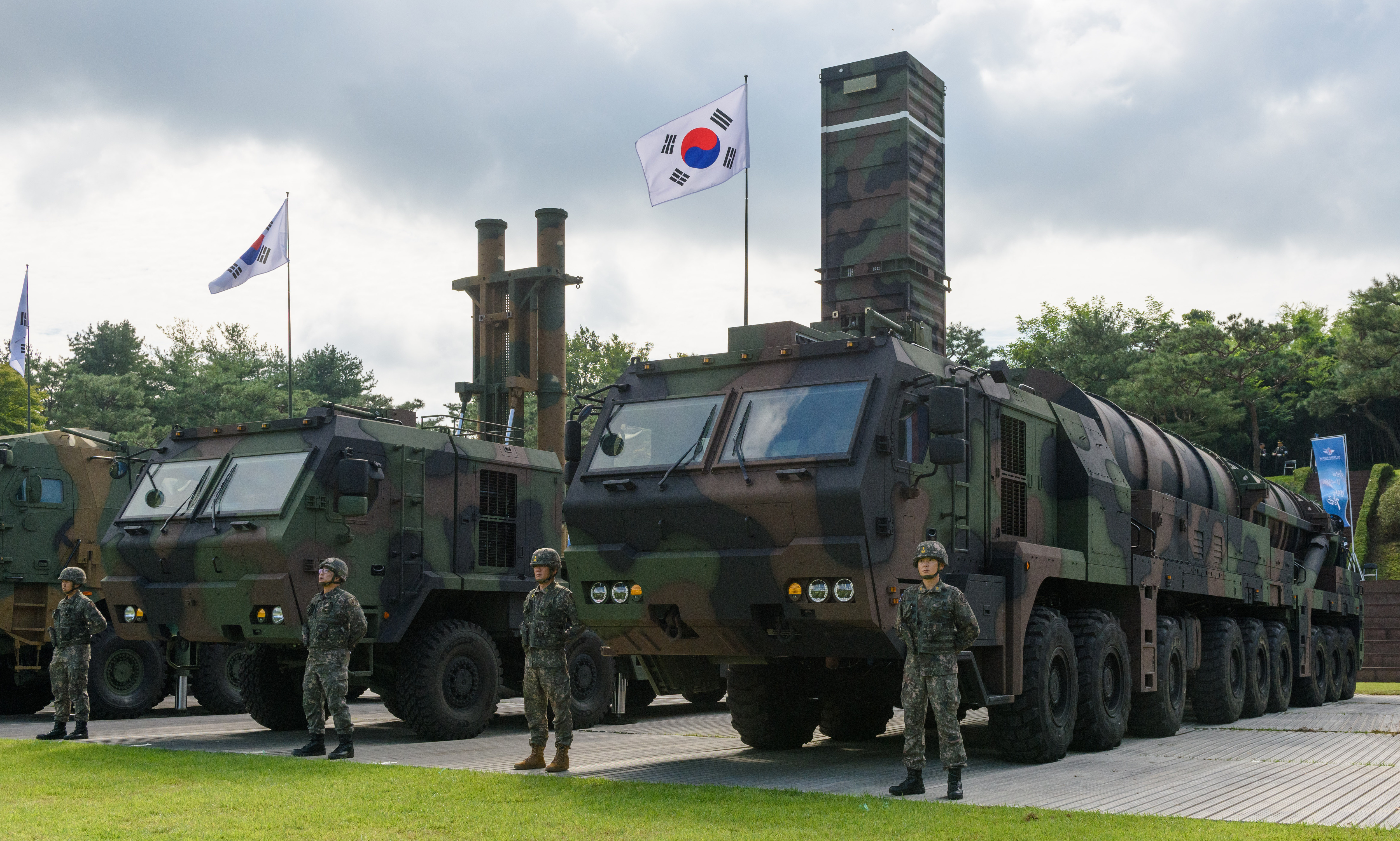 GYERYONG, SOUTH KOREA - 2025/09/29: South Korea's Transporter erector launcher (TEL) carrying the Hyunmoo-5 (R) and Hyunmoo-4 (L) ballistic missiles display during the 77th anniversary of Armed Forces Day pre-media day at the military headquarters in Gyeryong, some 145 kilometers south of Seoul. Armed Forces Day in South Korea is an annual event usually celebrated on 1 October to commemorate the service of men and women in the Republic of Korea Armed Forces. (Photo by Kim Jae-Hwan/SOPA Images/LightRocket via Getty Images)