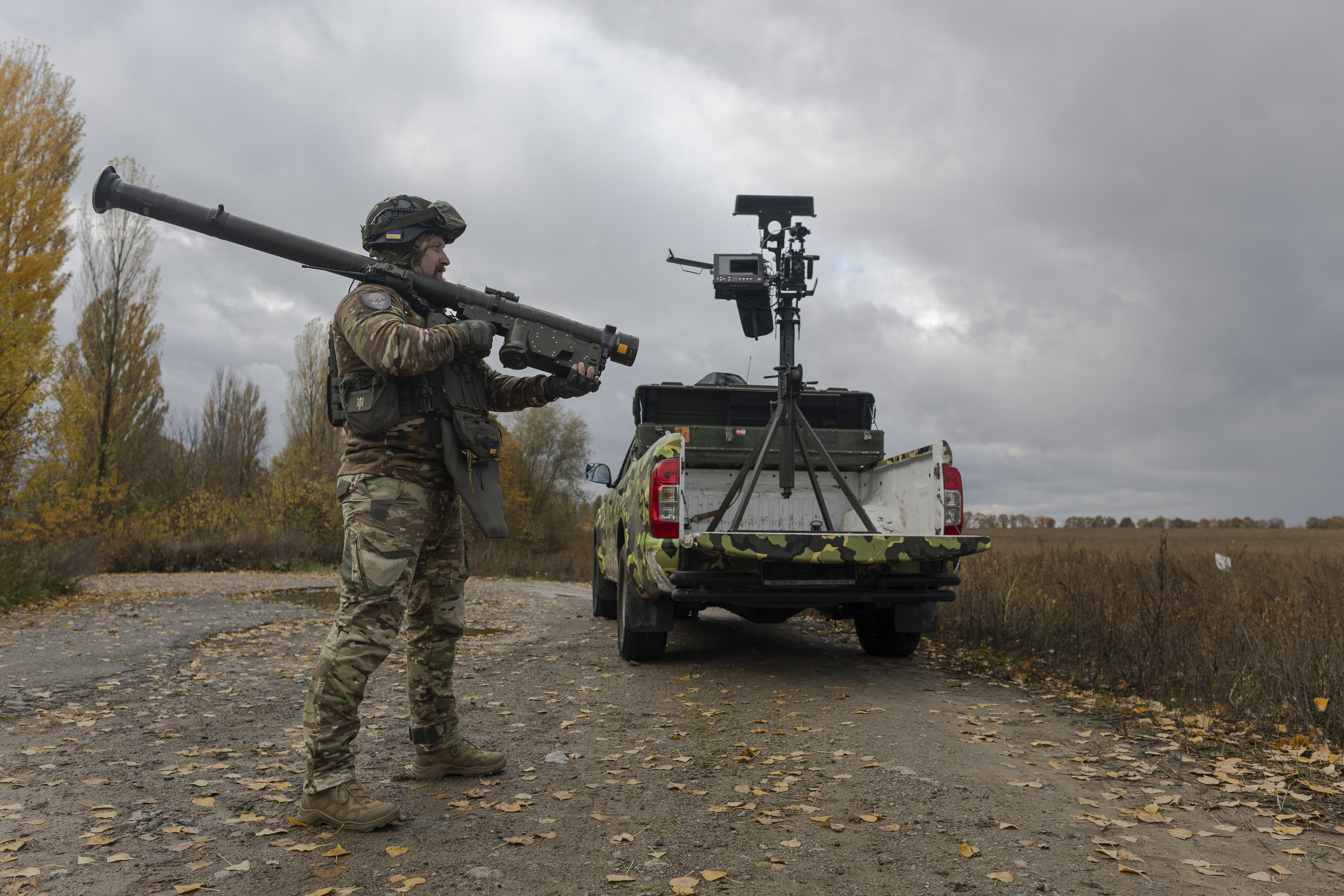 KYIV REGION, UKRAINE - OCTOBER 29: Mobile fire group with a machine gun and the MANPADS "Stinger" from the air defense of the 1129th Anti-Aircraft Missile Biletskyi Regiment during the defense of Kyiv region against "Shaheds" and cruise missiles on October 29, 2025 in Kyiv region, Ukraine. The 1129th Anti-Aircraft Missile Regiment, an air defense mobile firing unit based in Bila Tserkva, defends the Kyiv region from Russian Shahed drones and cruise missiles. (Photo by Andriy Dubchak/Frontliner/Getty Images)