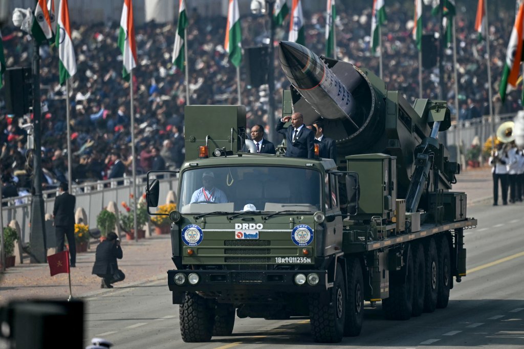 Defence Research and Development Organisation's (DRDO) Long-Range Anti-Ship Missile (LR-AShM) is pictured during India's 77th Republic Day parade at Kartavya Path in New Delhi on January 26, 2026. (Photo by Sajjad HUSSAIN / AFP via Getty Images)