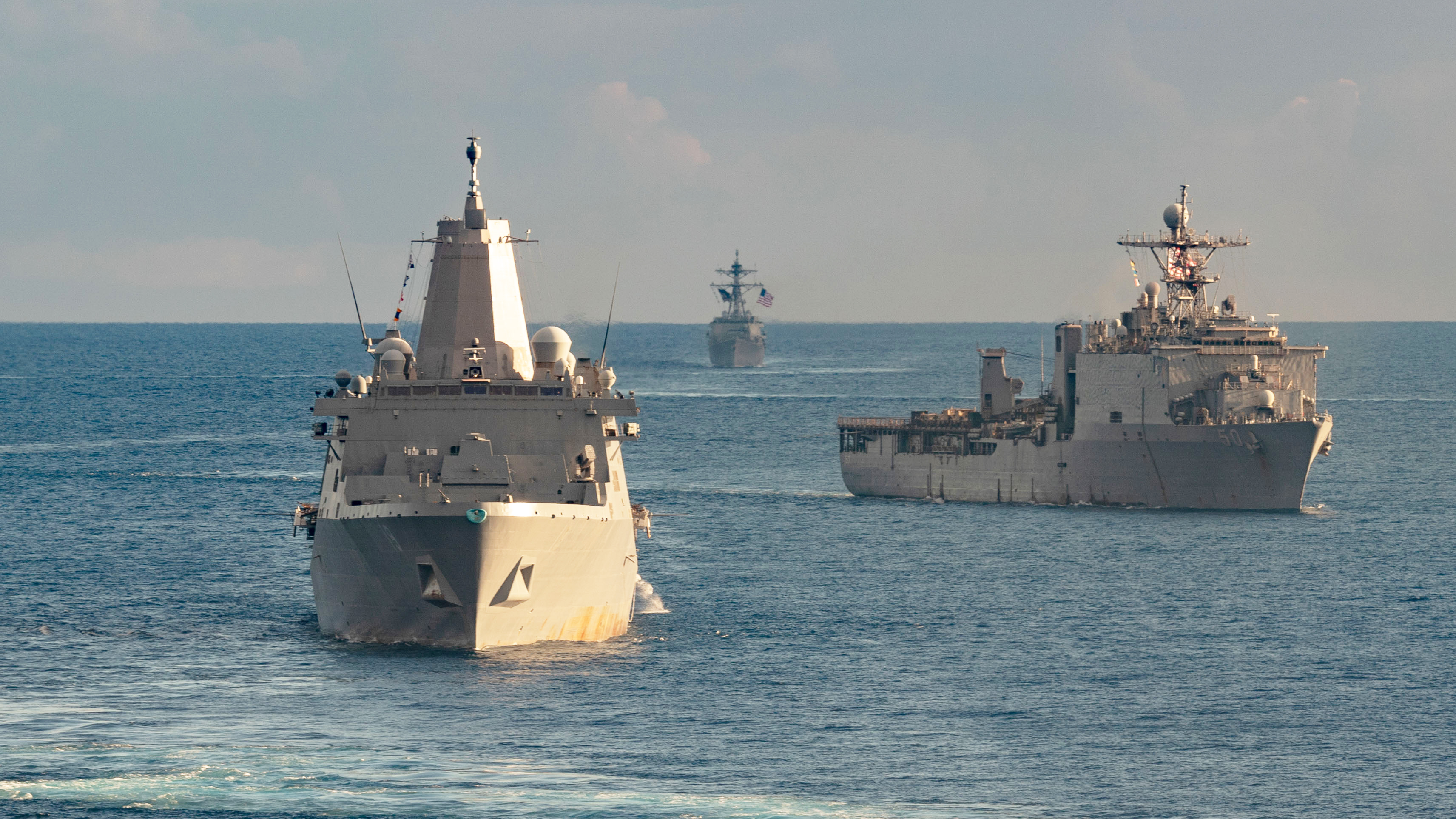 Ships from the Gerald R. Ford Carrier Strike Group (GRFCSG) and the Bataan Amphibious Ready Group (ARG), and Hellenic Navy frigate HS Navarinon (F 461) sail in formation in the Mediterranean Sea, Dec. 31, 2023. The ships from the GRFCSG include the first-in-class aircraft carrier USS Gerald R. Ford (CVN 78) and the Arleigh Burke-class guided-missile USS The Sullivans (DDG 68), USS Bulkeley (DDG 84), and USS Delbert D. Black (DDG 119). The ships from the Bataan ARG include the Wasp-class amphibious assault ship USS Bataan (LHD 5), the San Antonio-class amphibious transport dock USS Mesa Verde (LPD 19), and the Harpers Ferry-class dock landing ship USS Carter Hall (LSD 50). The U.S. maintains forward deployed, ready, and postured forces to deter aggression and support security and stability around the world. (U.S. Navy photo by Mass Communication Specialist 2nd Class Nolan Pennington)