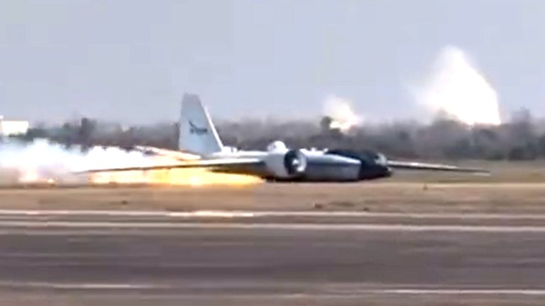 One of NASA's high-flying WB-57F research aircraft went skidding down the runway on its belly at Ellington Airport in Houston, Texas, today.