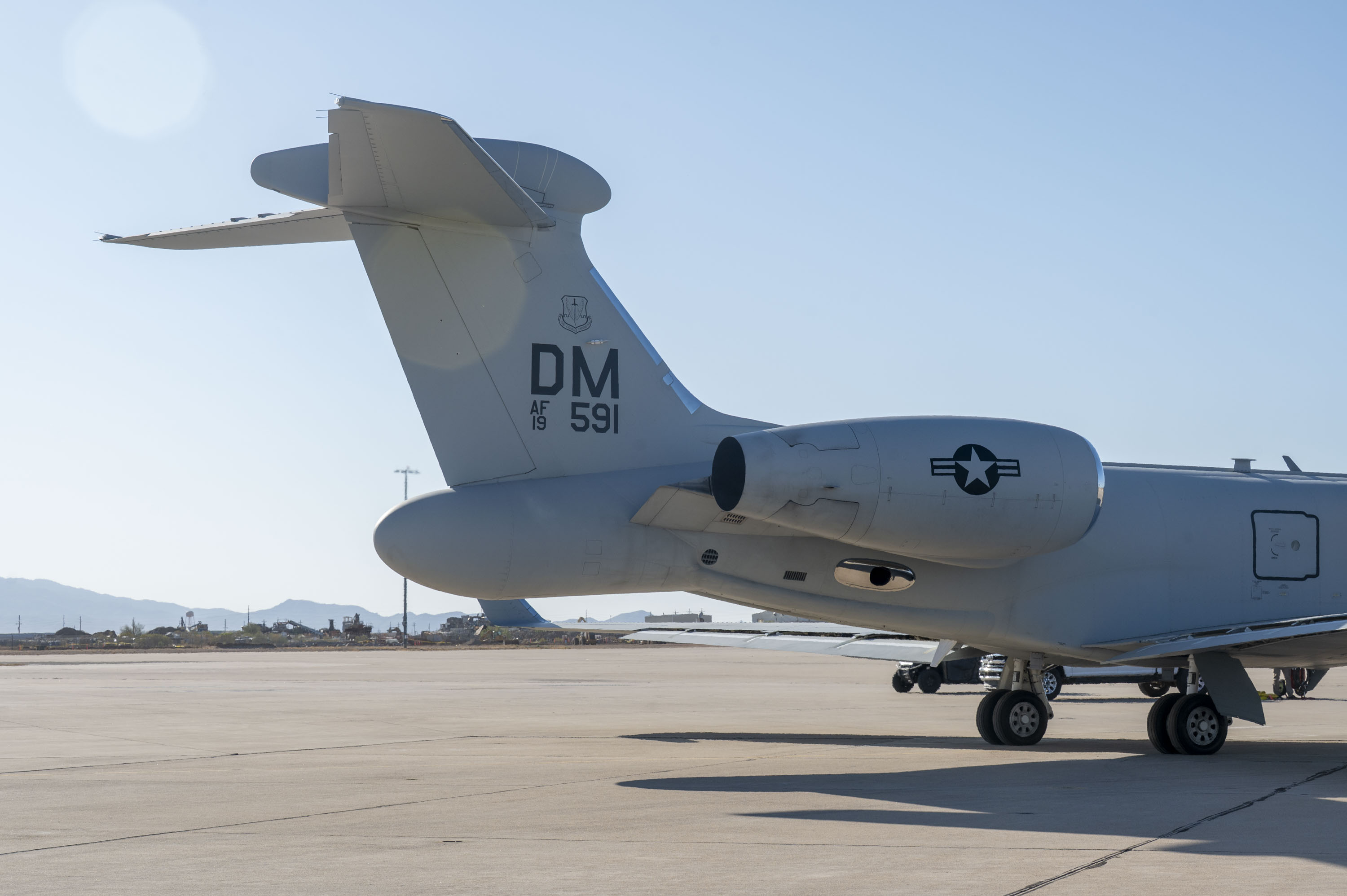 A U.S. Air Force EA-37B Compass Call aircraft sits on the flightline at Davis-Monthan Air Force Base, Arizona, May 2, 2025. The EA-37B Compass Call is a next-gen electronic attack aircraft that disrupts enemy networks and systems to ensure Joint Force dominance in the electromagnetic spectrum. (U.S. Air Force photo by Airman Samantha Melecio)