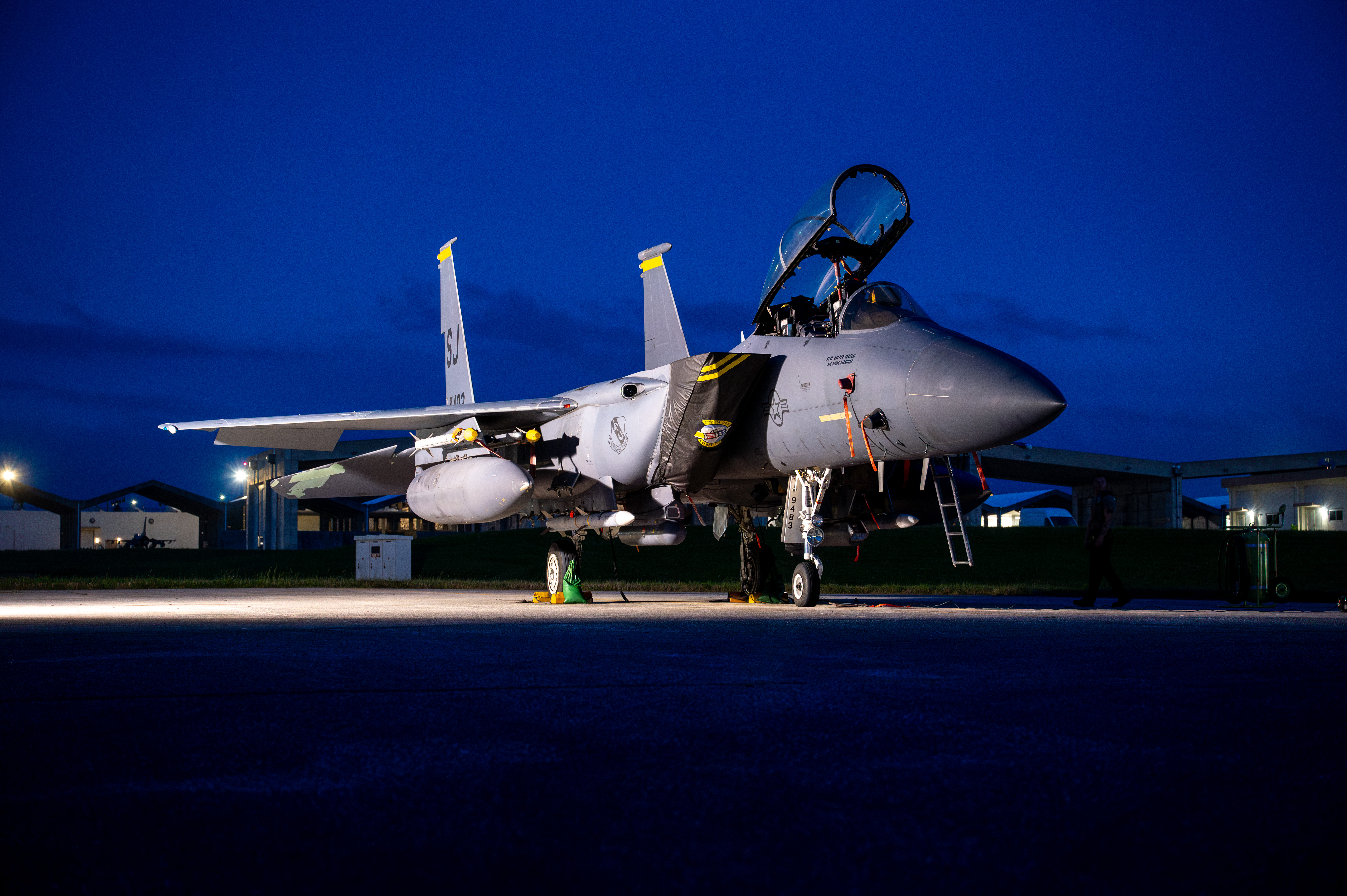 A U.S. Air Force F-15E Strike Eagle assigned to the 336th Expeditionary Fighter Squadron parks on the runway before a flight at Kadena Air Base, Japan, May 13, 2025. The aircraft launched for a three-month deployment to the U.S. Navy Support Facility Diego Garcia, British Indian Ocean Territory, marking the first sustained U.S. fighter presence on the island and a major step forward in advancing Agile Combat Employment throughout the Indo-Pacific. (U.S. Air Force photo by Senior Airman Luis E. Rios Calderon)