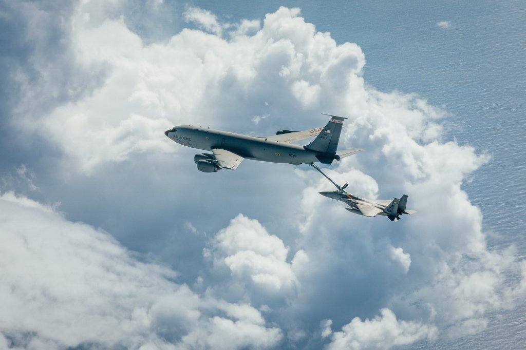 An F-15 Eagle from the 159th Fighter Wing receives mid-flight refueling from a KC-135 Stratotanker assigned to the 128th Air Refueling Wing of Milwaukee during Sentry Aloha off the coast of Honolulu, Hawaii on January 15, 2026. Sentry Aloha provides cost-effective and realistic, large-scale training scenarios to prepare warfighters and support the Air National Guard’s position as a crucial component of the nation’s operational force.