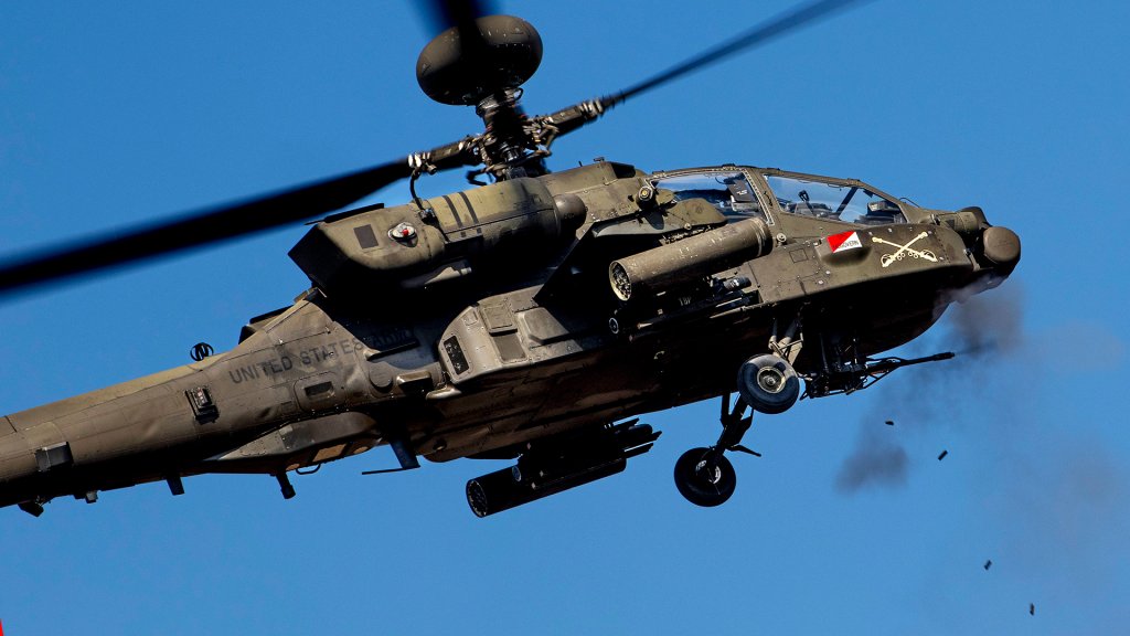 A U.S. Army AH-64 Apache helicopter assigned to the 5-17 Air Cavalry Squadron, 2nd Infantry Division, fires the M230 Bushmaster chain gun during live-fire aerial gunnery training at Rodriguez Live Fire Complex, Republic of Korea, on March 6, 2025. The exercise certified aircrews, sharpened weapons proficiency, and enhanced overall force readiness. (U.S. Army photo by Staff Sgt. Neil McLean)