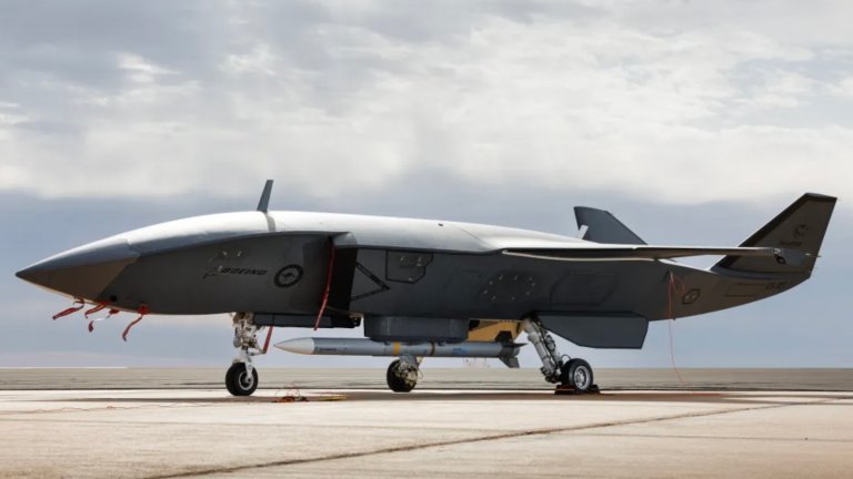 An MQ-28A Ghost Bat loaded with an AIM-120 during Trial Kareela at RAAF Base Woomera, South Australia.