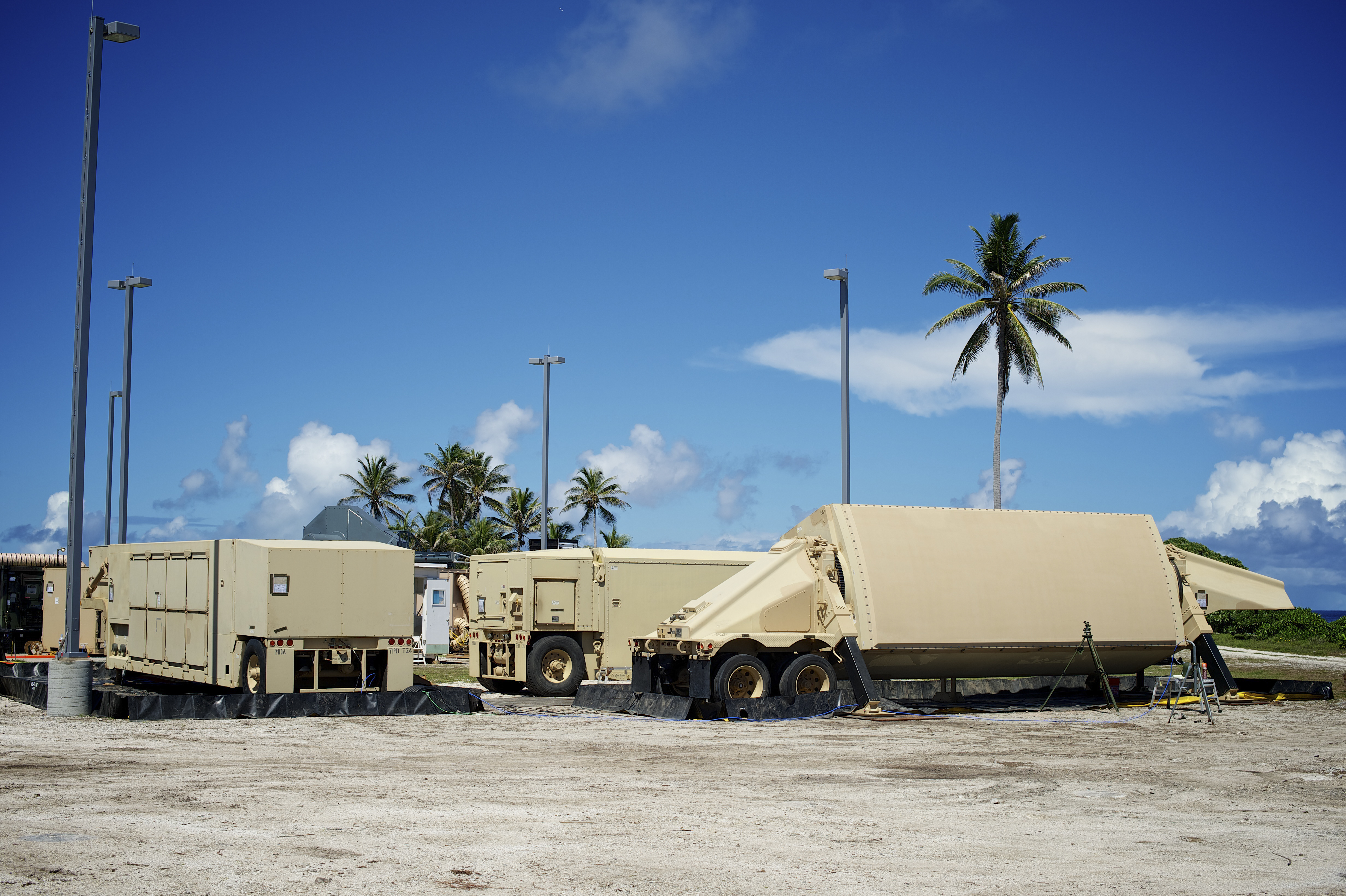 An Army Navy / Transportable Radar Surveillance (AN/TPY-2) positioned in the Kwajalein Atoll during the FTI-01 flight test. The AN/TPY-2 radar tracked the ballistic missile targets and provided data to missile defense systems to engage and intercept.