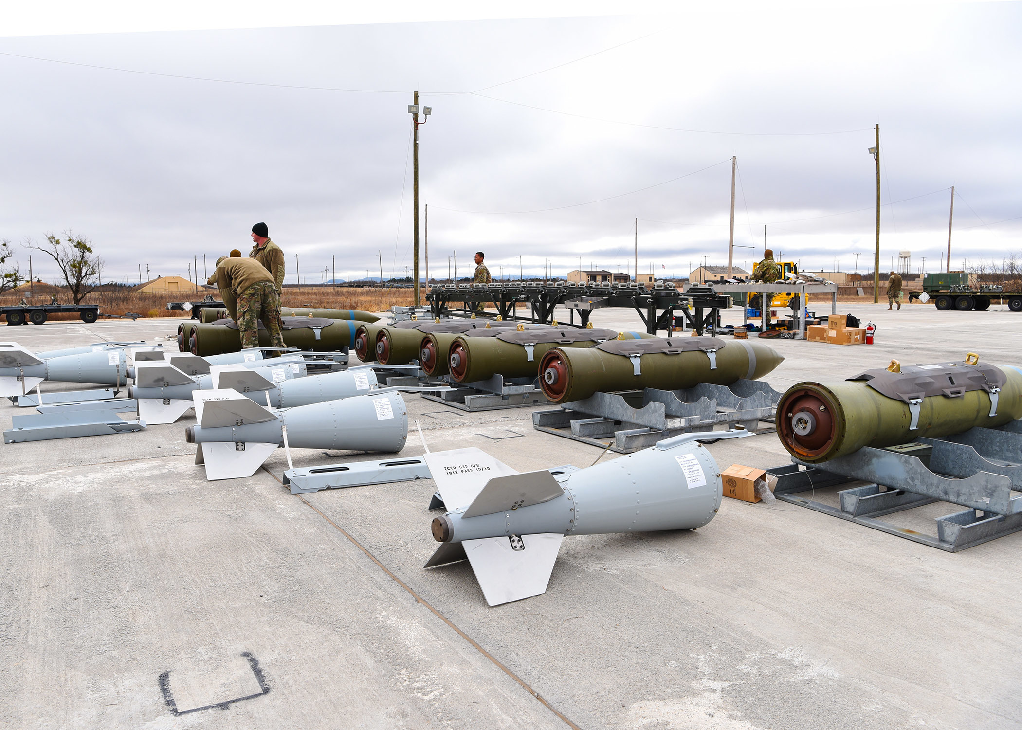 Airmen assigned to the 7th Munitions Squadron prep inert BLU-109 penetrator bombs during the Bomber Agile Combat Employment exercise at Dyess Air Force Base, Texas, Dec. 11, 2019. The exercise helps in practicing Dyess AFB’s ability to leverage logistics in order to quickly deploy and sustain the force when called upon to do so. (U.S. Air Force photo by Senior Airman Mercedes Porter)
