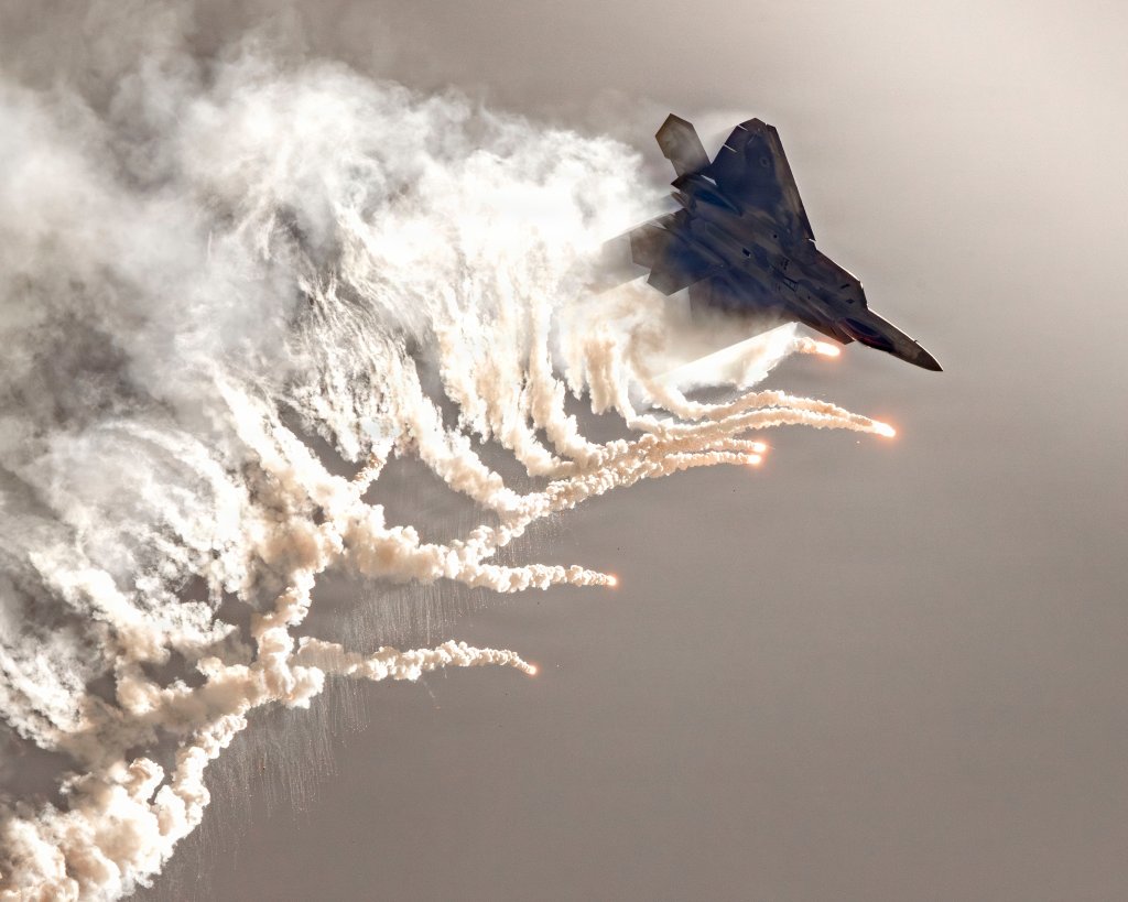 U.S. Air Force Capt. Nick ‘Laz’ Le Tourneau, F-22 Raptor Demonstration Team commander and pilot, releases flares during an aerial demonstration at the 2025 Marine Corps Air Station Miramar Air Show in San Diego, Sept. 28, 2025. The F-22 Raptor Demonstration Team travels worldwide to highlight the unmatched agility, precision, and air dominance capabilities of the Air Force’s 5th-generation fighter fleet. By connecting with spectators, sharing Airmen’s stories, and representing the professionalism of today’s Air Force, the team works to inspire future generations and strengthen public understanding of the Air Force mission. (U.S. Air Force photo by Staff Sgt. Lauren Cobin)