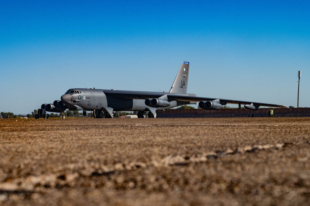A U.S. Air Force B-52H Stratofortress aircraft assigned to the 2nd Bomb Wing sits on the flightline at Barksdale Air Force Base, Louisiana, as part of Exercise Global Thunder 26, Oct. 19, 2025. Global Thunder is an annual command and control exercise designed to train U.S. Strategic Command forces and assess joint operational readiness. (U.S. Air Force photo by Senior Airman Laiken King)