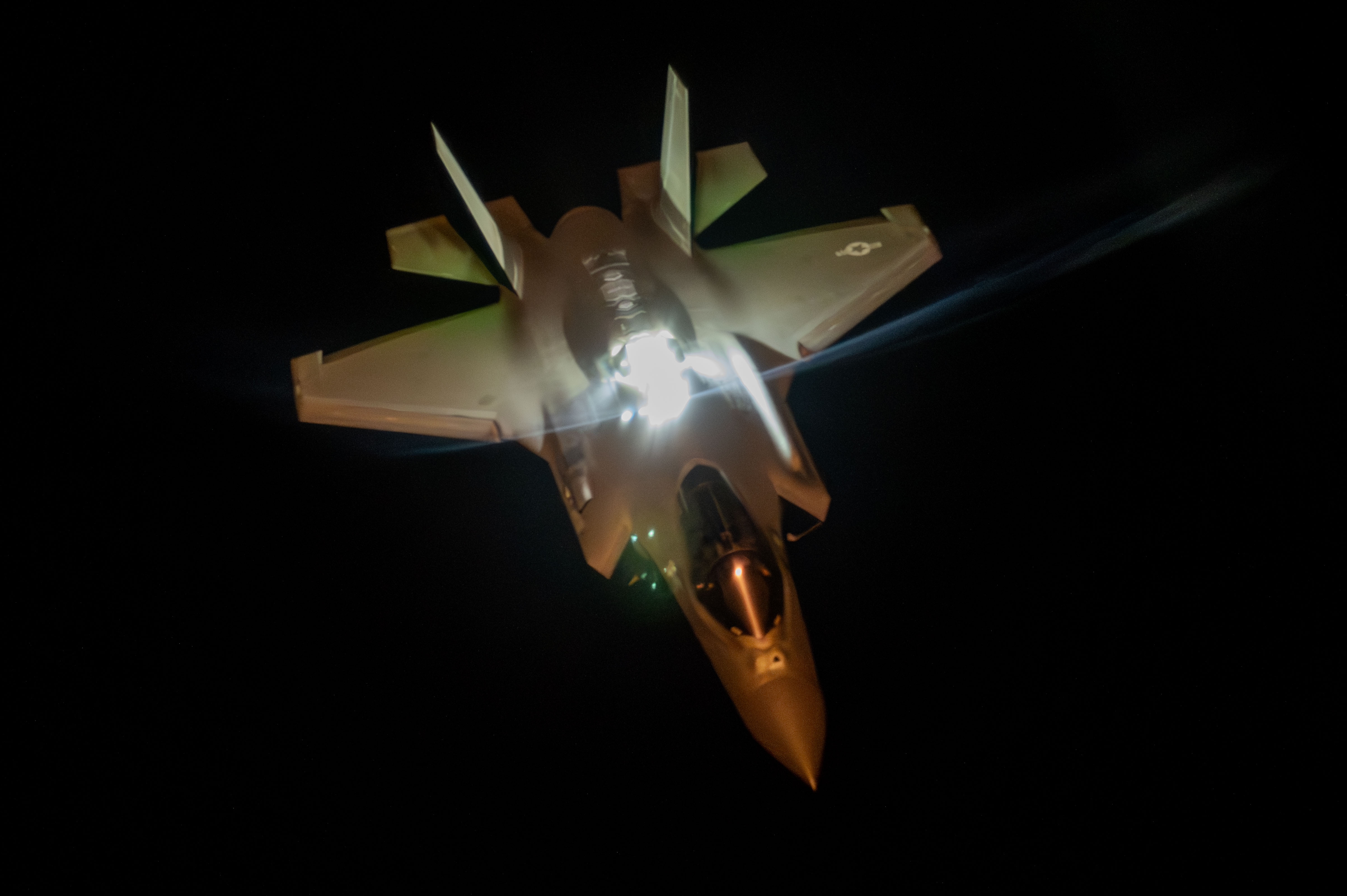 A U.S. Air Force F-35 Lightning II flies a presence patrol over the U.S. Central Command area of responsibility, March 26, 2025. The rapid deployment of fifth-generation aircraft to the region further exemplifies the U.S. and Coalition's ability to adjust force postures to counter any adversary act or threat of aggression. (U.S. Air Force photo by Staff Sgt. Jackson Manske)