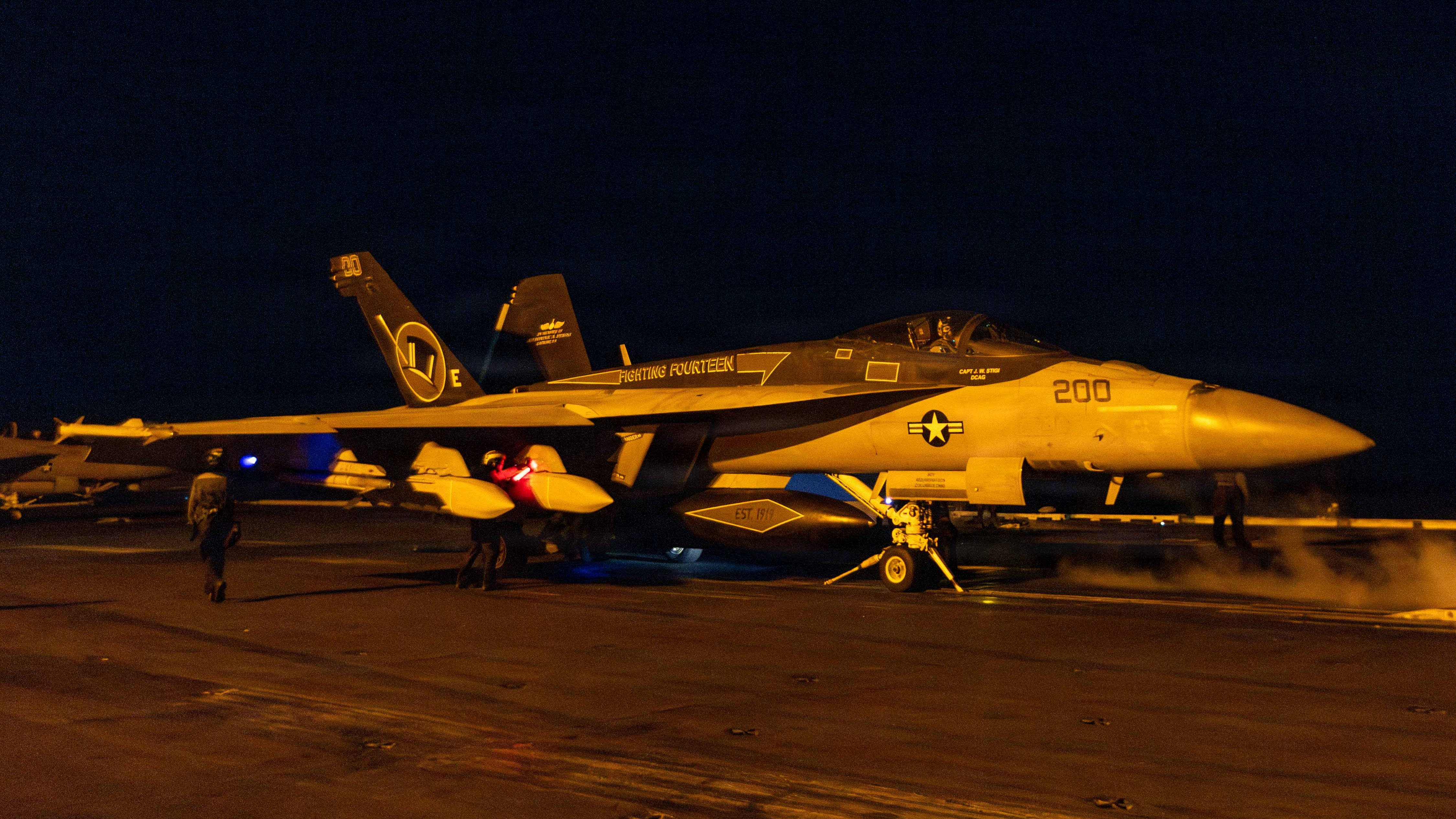 An F/A-18E Super Hornet, attached to Strike Fighter Squadron (VFA) 14, prepares to launch from the flight deck of Nimitz-class aircraft carrier USS Abraham Lincoln (CVN 72) in support of Operation Epic Fury, Feb. 28, 2026. (U.S. Navy photo)