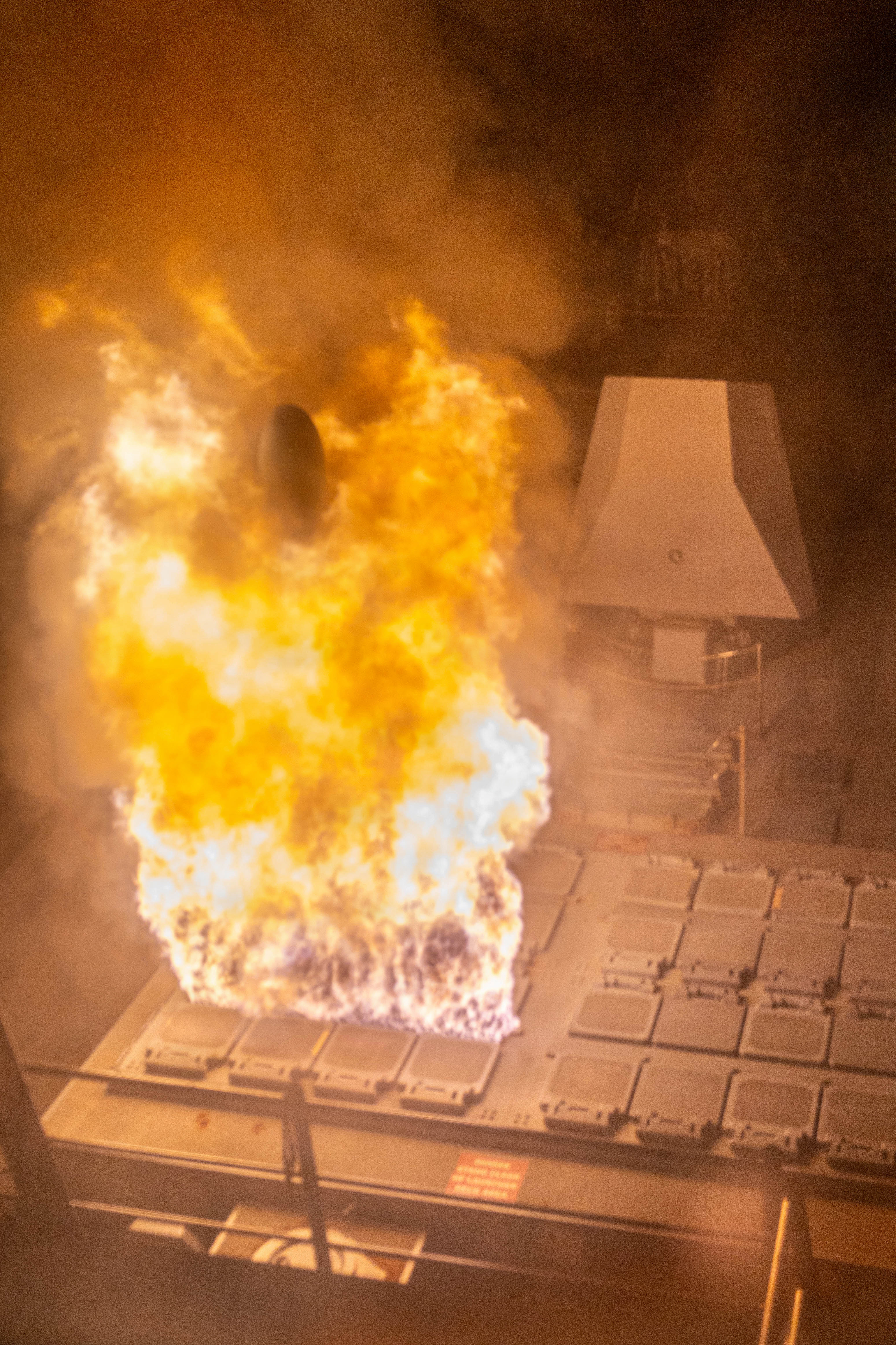 Arleigh Burke-class guided missile destroyer USS Bainbridge (DDG 96) fires tomahawk missiles from the forward missile deck while underway in the Eastern Mediterranean Sea, in support of Operation Epic Fury, March 3, 2026. (U.S. Navy Photo)