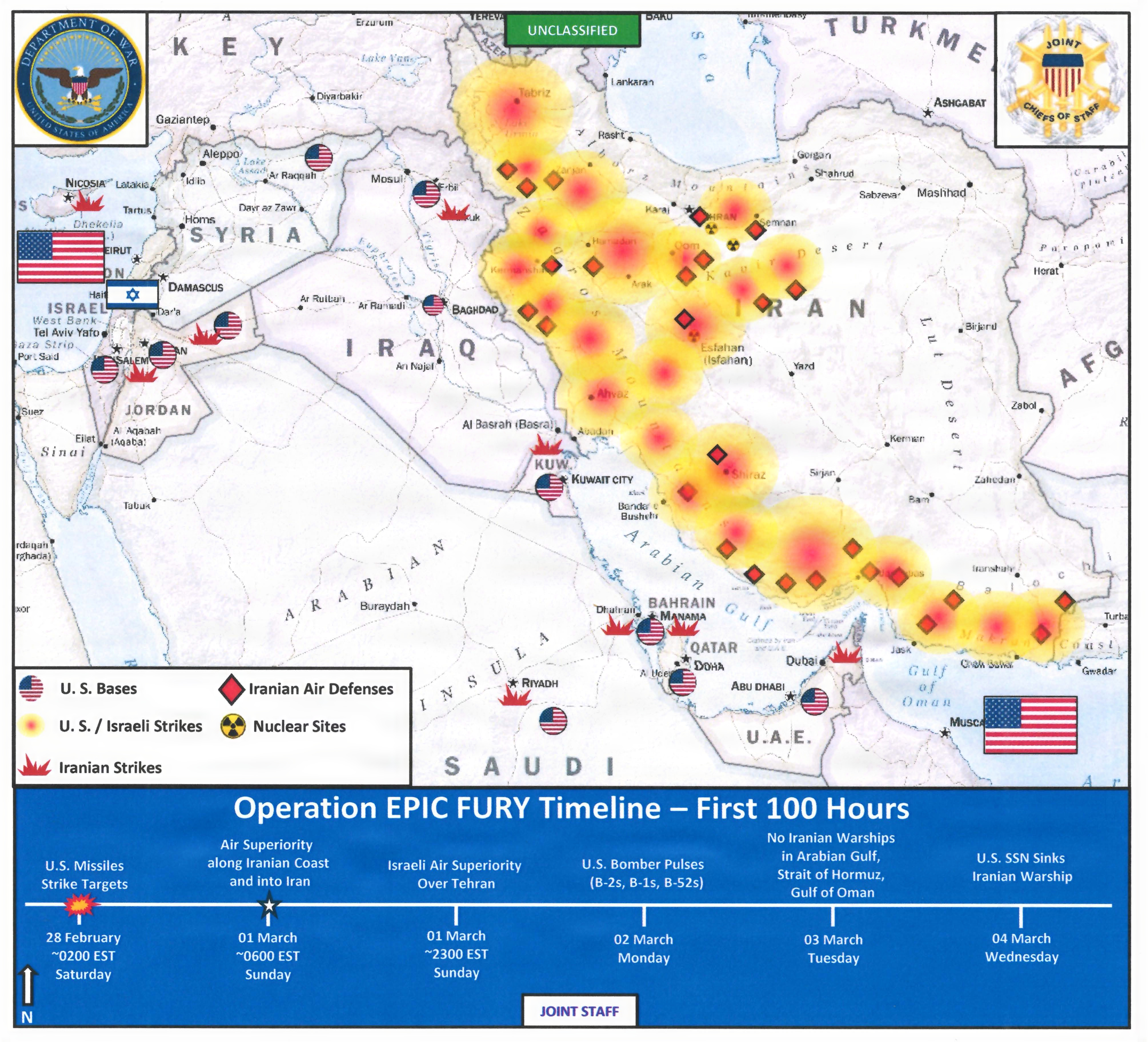 Map detailing the first 100 hours of Operation Epic Fury. (Courtesy Photo)