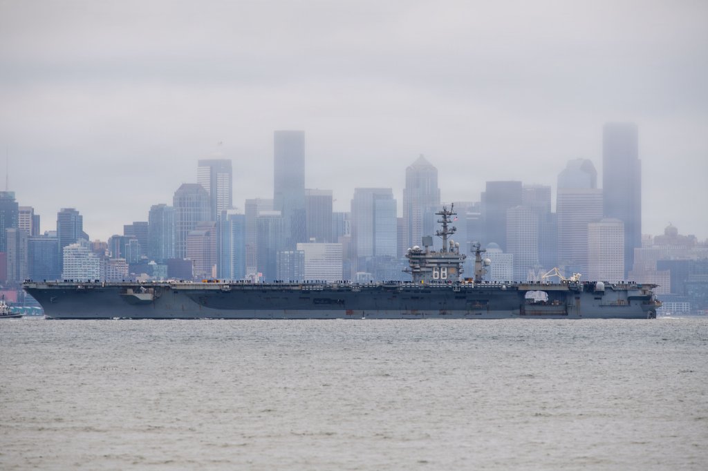 The Nimitz class aircraft carrier USS Nimitz (CVN 68) transits Puget Sound during the ship’s final departure from Naval Base Kitsap-Bremerton, Washington, March 7, 2026. Nimitz is underway in the U.S. 3rd Fleet area of operations as part of a scheduled homeport shift to Norfolk, Virginia. (U.S. Navy photo by Mass Communication Specialist Seaman Kimberli Ibarra Ruiz)