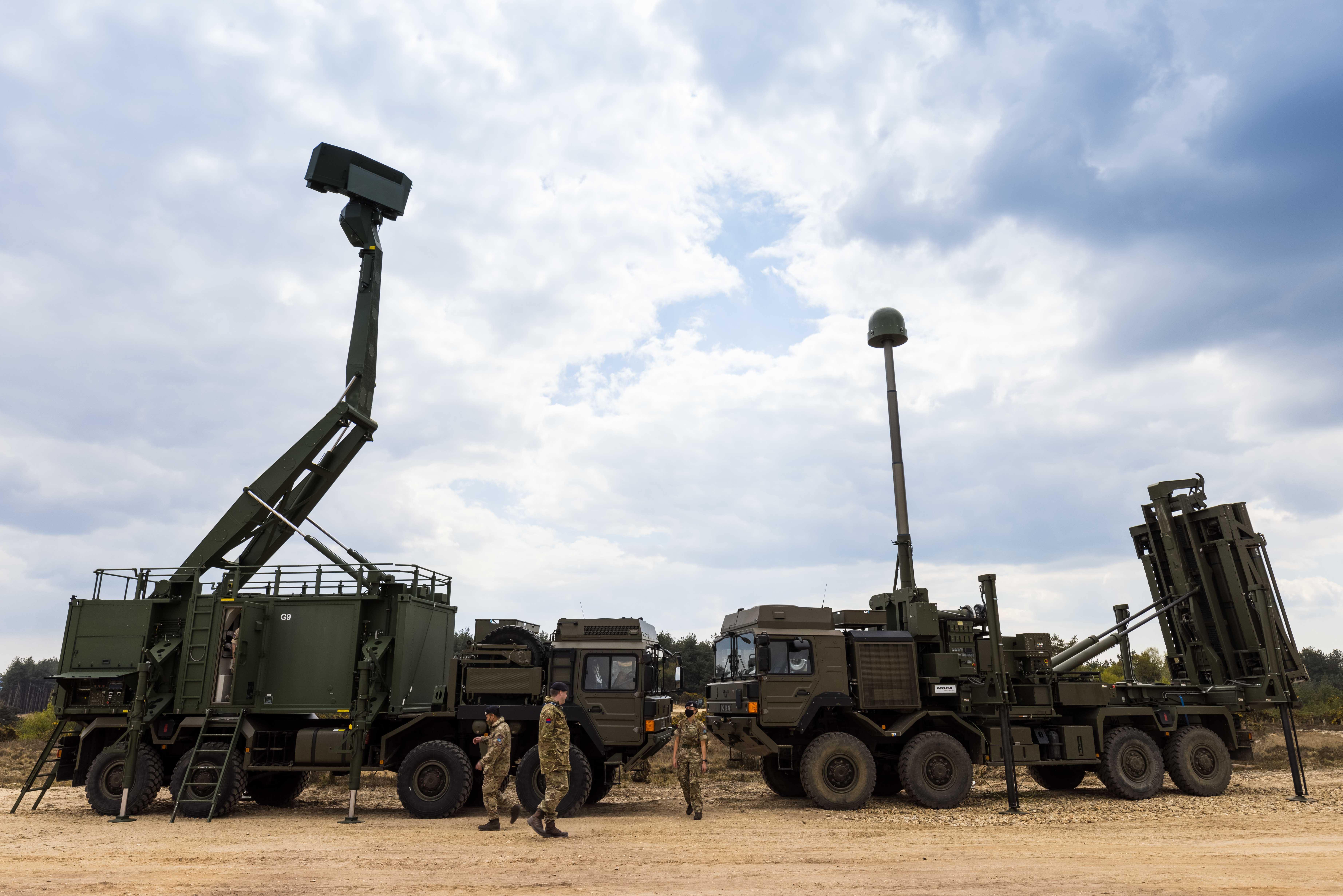 Pictured: The British Army Sky Sabre state-of-the-art intermediate air defence system. It marks a wholesale upgrade to the venerable Rapier system that was in service for nearly five decades. Sky Sabre, comprising of three separate components: The Agile Multi-Beam Surveillance Targeting radar (affectionally referred to as the Giraffe, pictured left), the Battle Management Command & Control Communications (not shown), and the Land Ceptor CAMM (Common Anti-Air Modular Missiles) missile delivery vehicle (right). All are pictured together for the purposes of the photographs; on the battlefield, they could be expected to operate up to 15Km apart. The system is designed to respond to sophisticated missile attacks and can defend against saturation attacks of supersonic anti-ship cruise missiles, aircraft and other high-performance targets. at a range of 120Km using the CAMM (Common Anti-Air Modular Missile), travelling at over 2300 miles per hour. It does this via multiple channels of fire, providing 360-degree simultaneous coverage and high degrees of manoeuvrability.