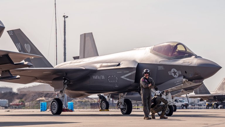 U.S. Marines assigned to the Marine Fighter Attack Squadron 311 (VMFA), Marine Corps Air Station Miramar, California, prepare to launch an F-35C Lightning II at Tyndall Air Force Base, Florida, May 16, 2024. Checkered Flag is a large-force aerial exercise which fosters readiness and interoperability through the incorporation of 4th and 5th-generation aircraft in combat training. The 24-2 iteration of the exercise was held May 9-22. Nordheim)