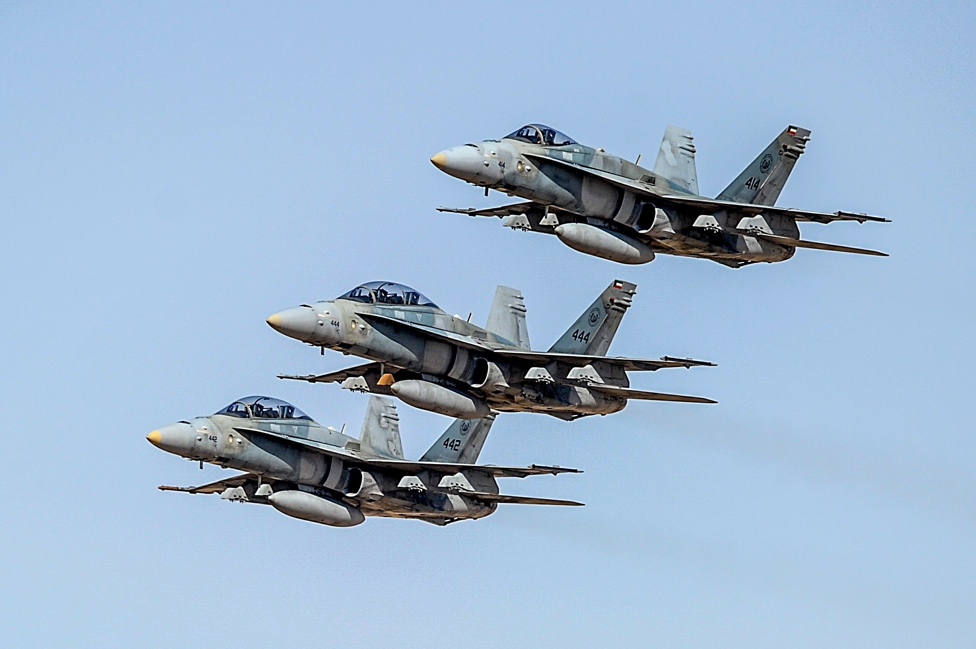 JAHRA, KUWAIT - JANUARY 17: Kuwaiti F/A-18 Hornet fighter jets fly during the Exercise Storm of 2017 in Jahra, Kuwait on January 17, 2017. Fighter jets and helicopters of Kuwait Air Forces used real ammunition in order to show their abilities. (Photo by Jaber Abdulkhaleg/Anadolu Agency/Getty Images)