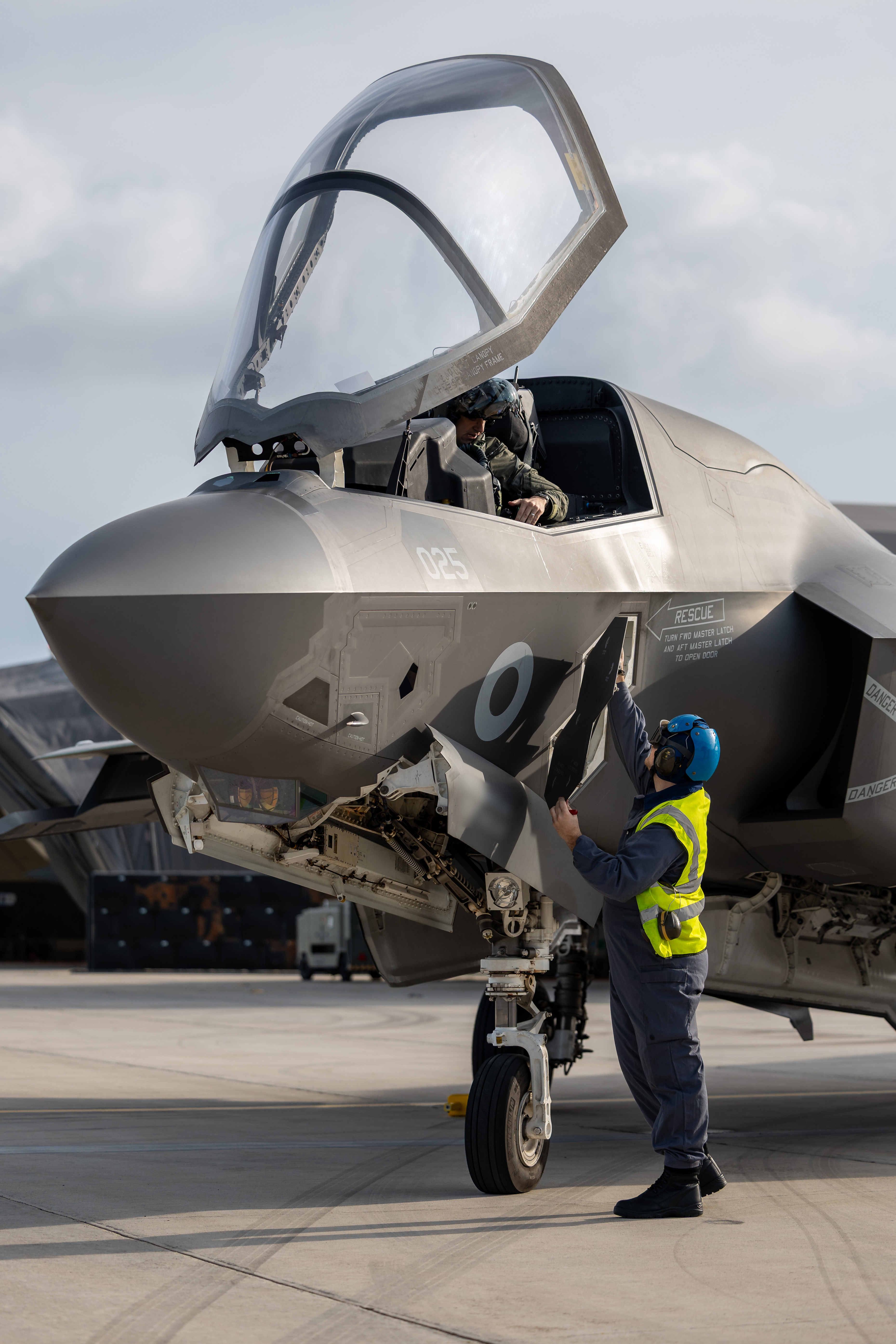 Pictured: 9th February 2026 – 617 Sqn F-35B Lightning jets conduct QRA (Quick Reaction Alert) training, operating from RAF Akrotiri. F-35B Lightning, a 5th Generation, multi-role, stealth fighter, is usually based at RAF Marham. The Station is also home to a range of engineering support functions, from maintenance to frontline support. [Names have been blurred from jets and surcoats to protect PERSEC]