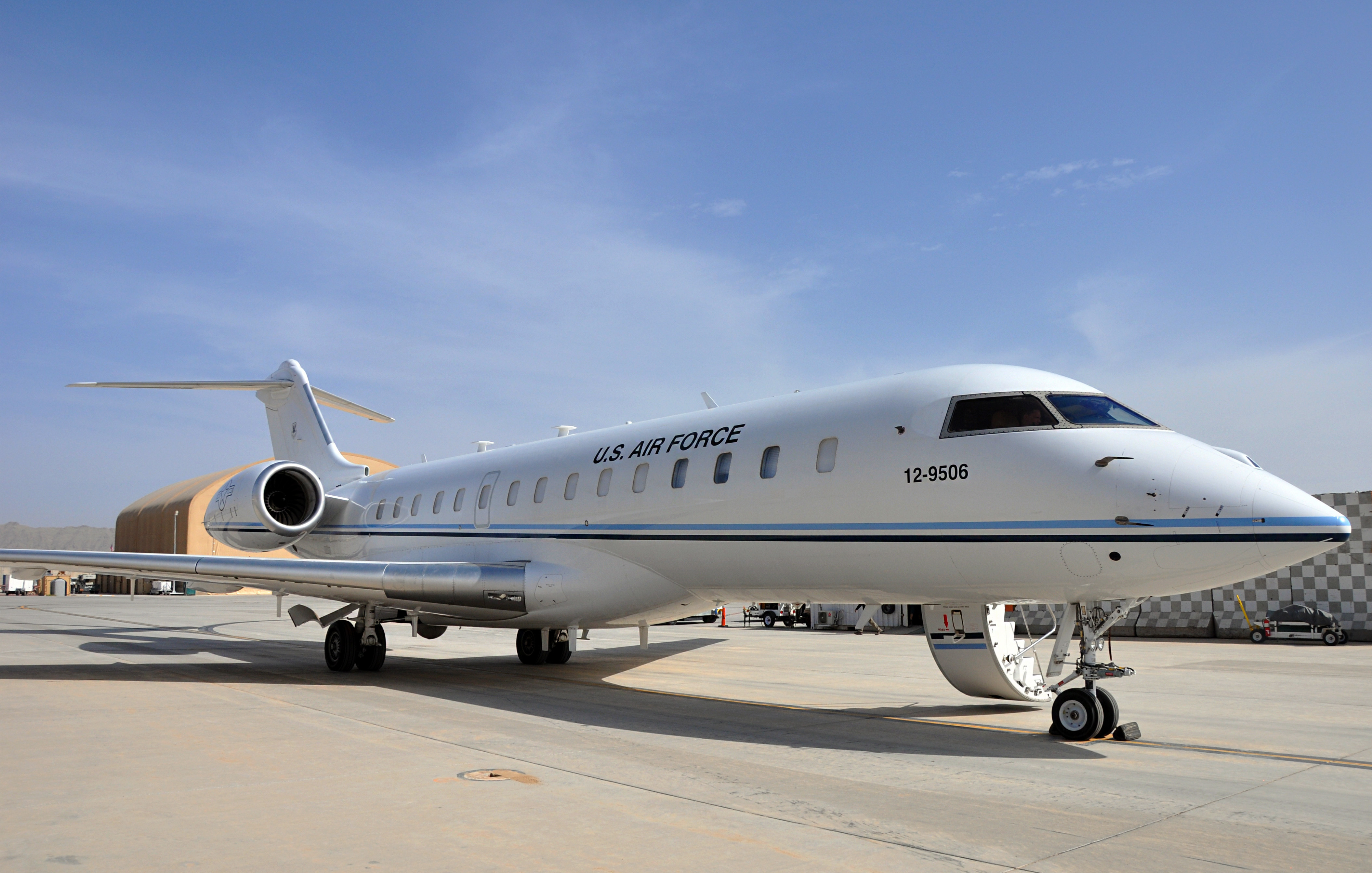 A 430th Expeditionary Electronic Combat Squadron E-11A aircraft outfitted with a Battlefield Airborne Communications Node sits on the runway at Kandahar Airfield, Afghanistan, April 4, 2019. The 430th EECS is the only unit that operates these aircraft with the BACN payload. (U.S. Air Force photo by Capt. Anna-Marie Wyant)