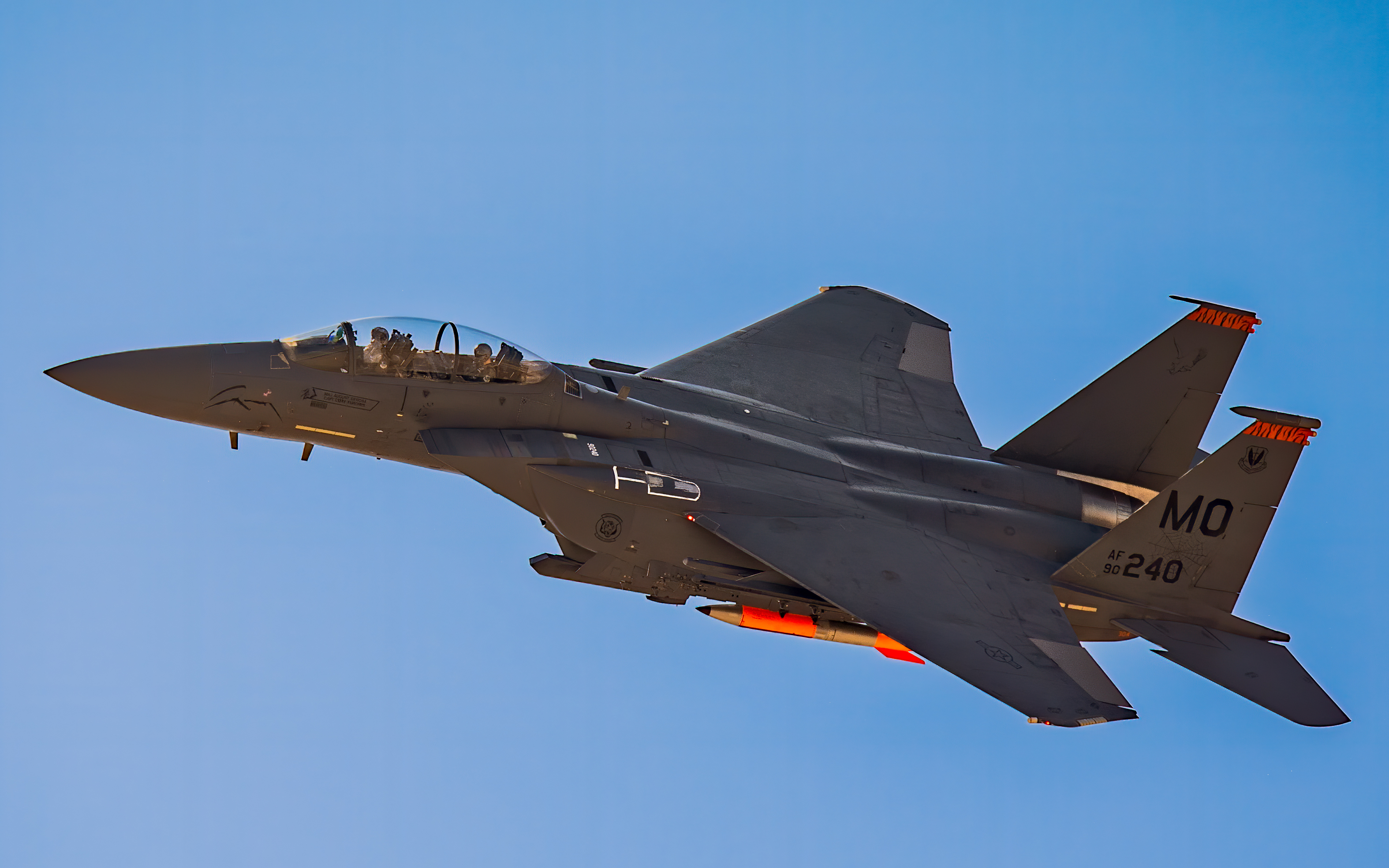 An F-15E Strike Eagle from Mountain Home Air Force Base, Idaho, carrying a B61 Joint Test Assembly, departs Nellis Air Force Base, Nevada, for the Tonopah Test Range during DCA NucWSEP. F-15Es released B61-3 and B61-4 JTAs at the Tonopah Test Range, Nevada, to further test the F-15E’s inherent ability to deliver B61 series tactical nuclear weapons. (Courtesy Photo by Santos Torres).