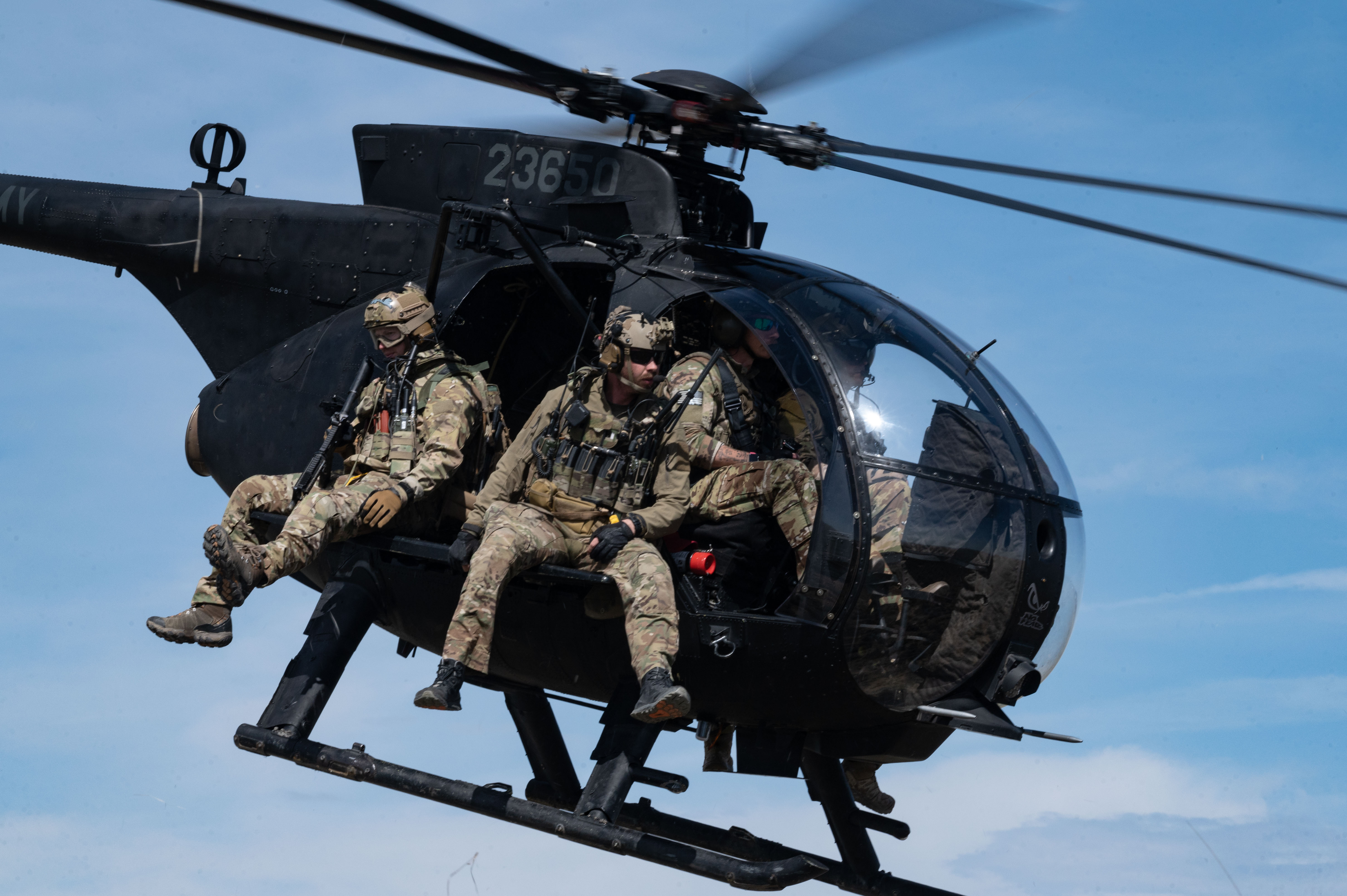 123rd Special Tactics Squadron operators load onto an MH-6 Little Bird during Exercise Agile Chariot, May 2, 2023, honing capabilities linked to Agile Combat Employment. Instead of relying on large, fixed bases and infrastructure, ACE uses smaller, more dispersed locations and teams to rapidly move and support aircraft, pilots, and other personnel to wherever they are needed. There are millions of miles of public roads in the United States, including federal, state, and local roads – with Agile Combat Employment, including Forward Arming and Refueling Point (FARP) and Integrated Combat Turnarounds (ICT), it becomes millions of miles of public landing zones, when necessary. (U.S. Air Force photo by Tech. Sgt. Carly Kavish)
