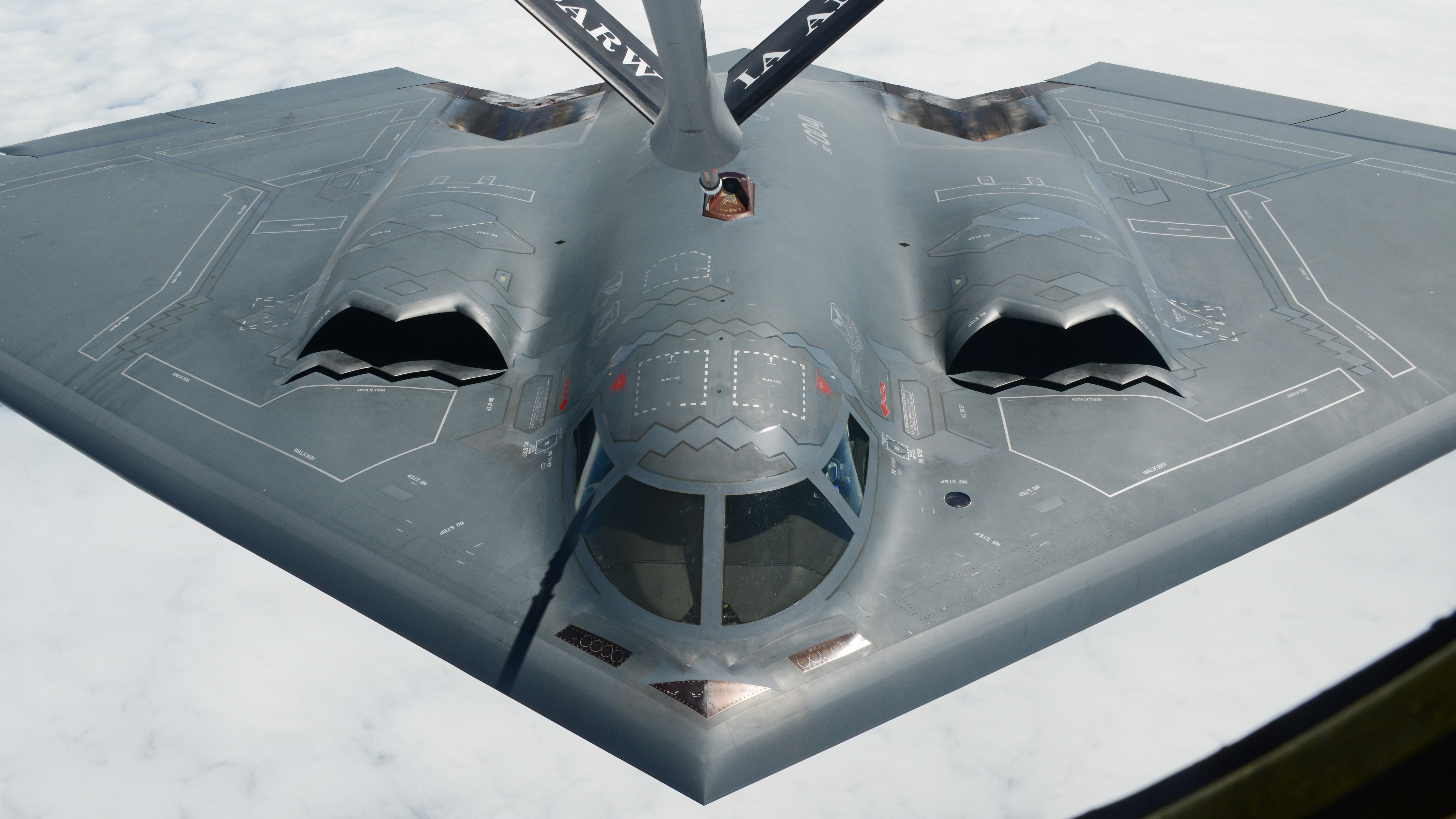 A US. Air Force B-2 Spirt assigned to the 509th Bomb Wing, Whiteman Air Force Base receives fuel from a U.S. Air Force KC-135 assigned to the 185th Air Refueling Wing, Iowa Air National Guard in the sky over northwest Missouri on August 29, 2018. U.S. Air National Guard photo by Senior Master Sgt. Vincent De Groot