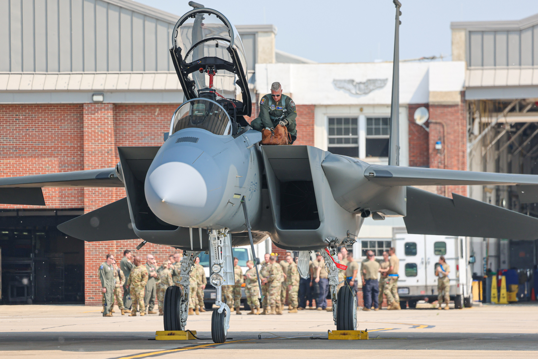 U.S. Air Force Lt. Col. Matthew Olde, the F-15 director of programs and operations at Defense Contract Management Agency Boeing St. Louis, exits an F-15EX Eagle II aircraft at Selfridge Air National Guard Base, Michigan, June 11, 2025. Olde brought the aircraft to the base as part of a site activation task force visit, one of the initial steps to ensure that when both the F-15EX and KC-46 Pegasus missions arrive at Selfridge ANGB, the 127th Wing will be fully prepared with the right infrastructure, personnel, and support to stand them up and operate them effectively. (U.S. Air National Guard photo by Tech. Sgt. Andrew Schumann)