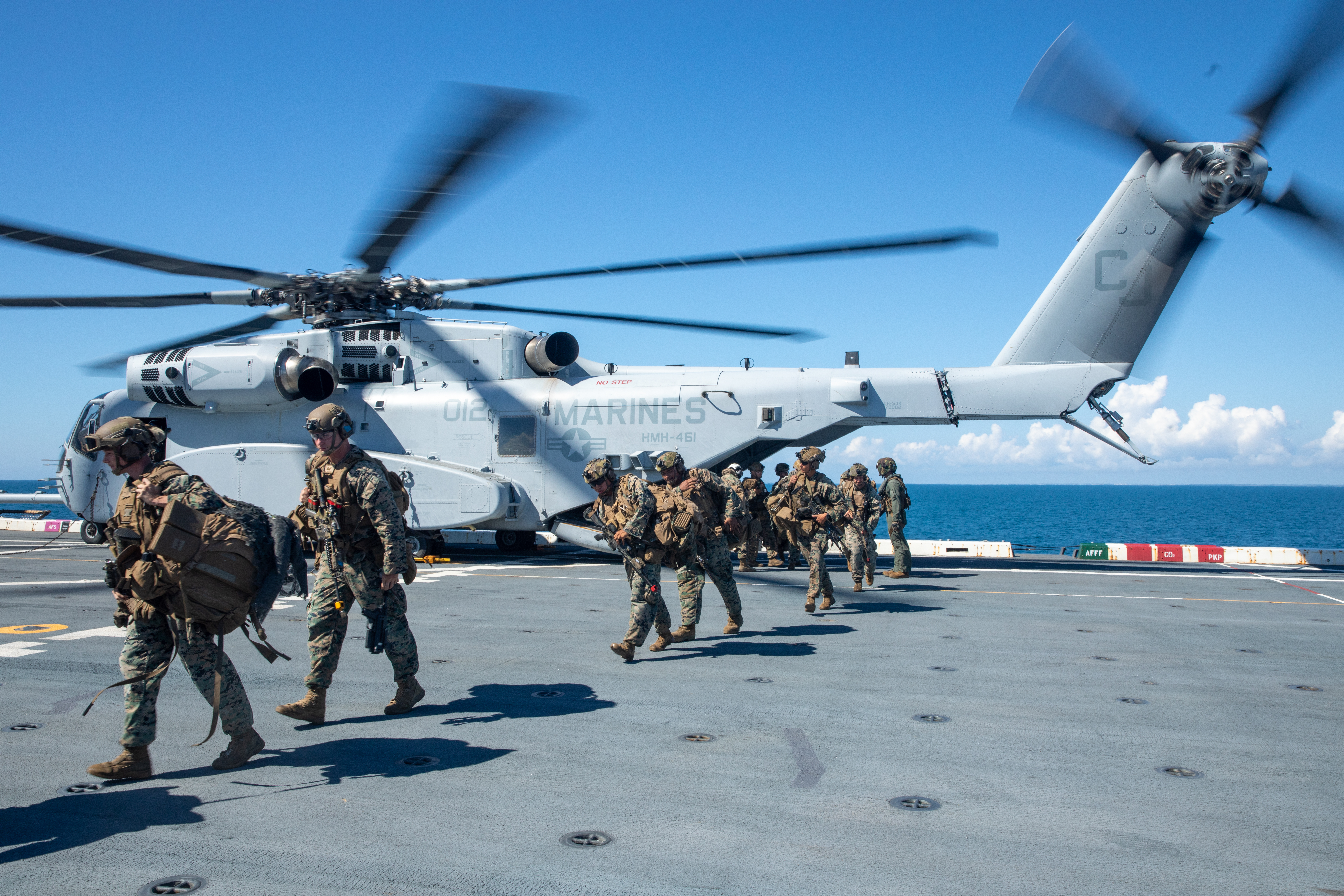ATLANTIC OCEAN (Sept. 25, 2025) U.S. Marines from the 26th Marine Expeditionary Unit embark the San Antonio-class amphibious transport dock ship USS Arlington (LPD 24) from a CH-53K helicopter assigned to Marine Heavy Helicopter Squadron (HMH) 461 during UNITAS 2025, the 66th iteration of the world's longest-running multinational maritime exercise. UNITAS, Latin for Unity, focuses on enhanced interoperability, building regional partnerships, and demonstrating U.S. Naval Forces Southern Command/U.S. 4th Fleet as the trusted maritime partner in the Caribbean, Central and South America. UNITAS 2025 also leads off a series of events celebrating the U.S. Navy 250th Birthday. (U.S. Navy photo by Mass Communication Specialist Seaman Brent Whorton)
