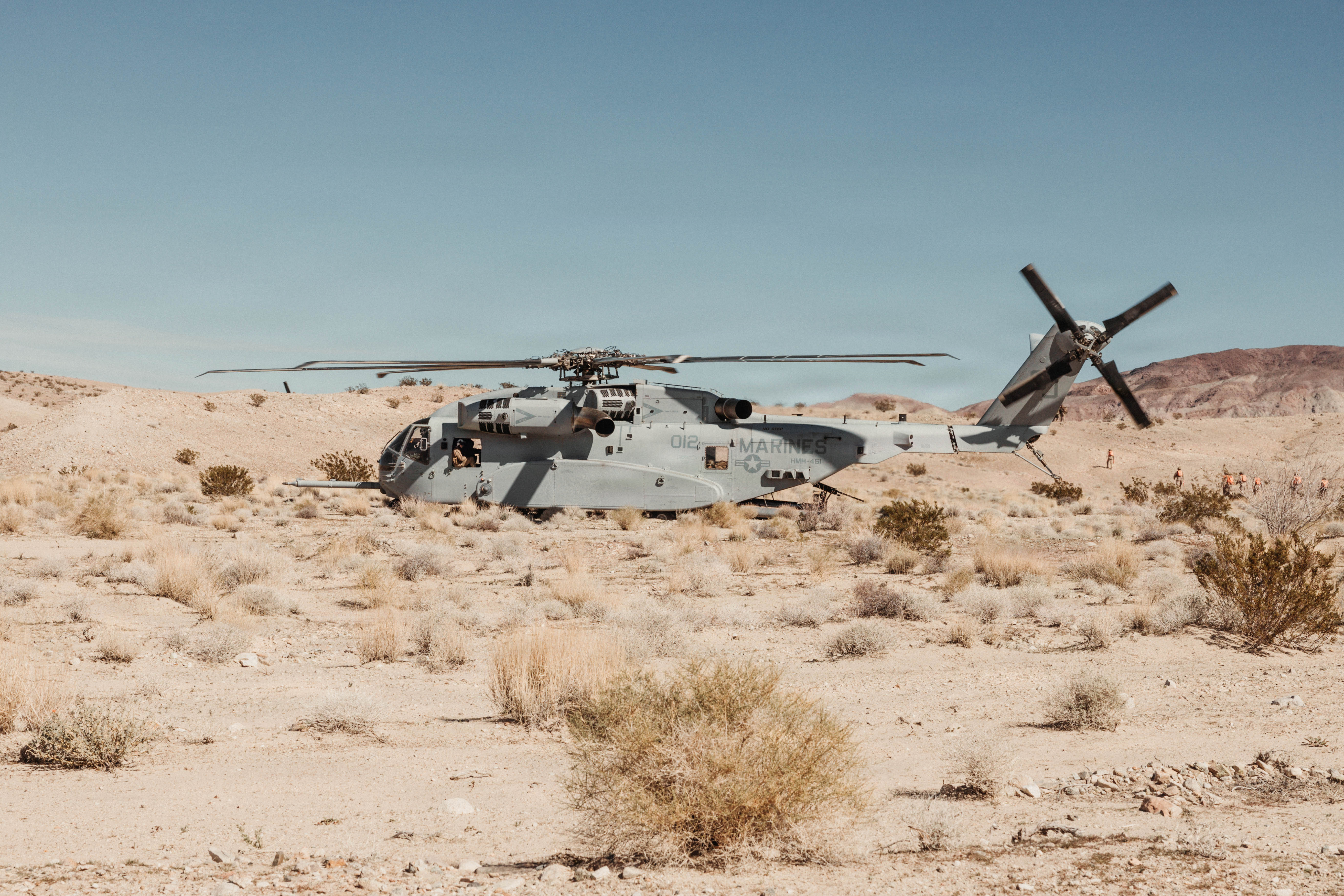 A U.S. Marine Corps CH-53K King Stallion assigned to Marine Heavy Helicopter Squadron (HMH) 461, Marine Aircraft Group 29, 2nd Marine Aircraft Wing, is ready to depart for an air assault as part of Marine Air Ground Task Force Distributed Maneuver Exercise 1-26 at Gays Pass, Marine Corps Air Ground Combat Center, Twentynine Palms, California, Feb. 12, 2026. MDMX prepares Marines for future conflicts by combining constructed virtual training with offensive and defensive live-fire and maneuver training scenarios. (U.S. Marine Corps photo by Lance Cpl. Gracelyn Hanson)