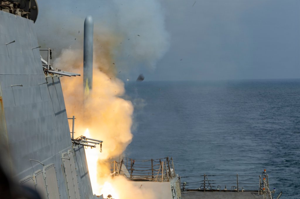 Arleigh Burke-class guided-missile destroyer USS Delbert D. Black (DDG 119) fires a Tomahawk Land Attack Missile (TLAM) in support of Operation Epic Fury, Feb. 28, 2026. (U.S. Navy photo)