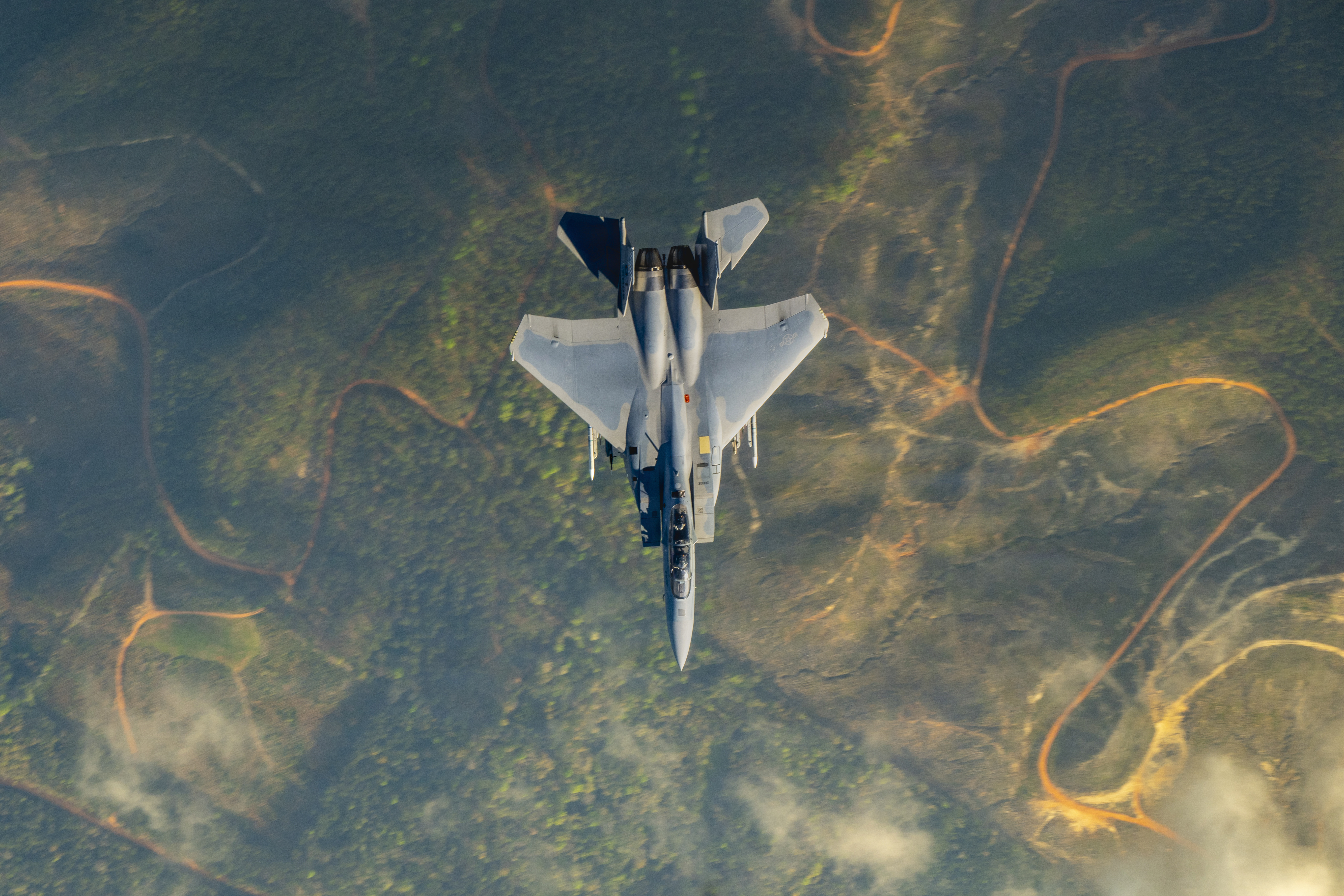 A U.S. Air Force F-15EX Eagle II assigned to Eglin Air Force Base, Florida, flies a training mission over southeast United States, March 23, 2026. The 96th Test Wing and 53rd Wing perform developmental and operational test series on the platform including next-generation survivability, radars, sensors and networking capabilities. (U.S. Air Force photo by Staff Sgt. Blake Wiles)