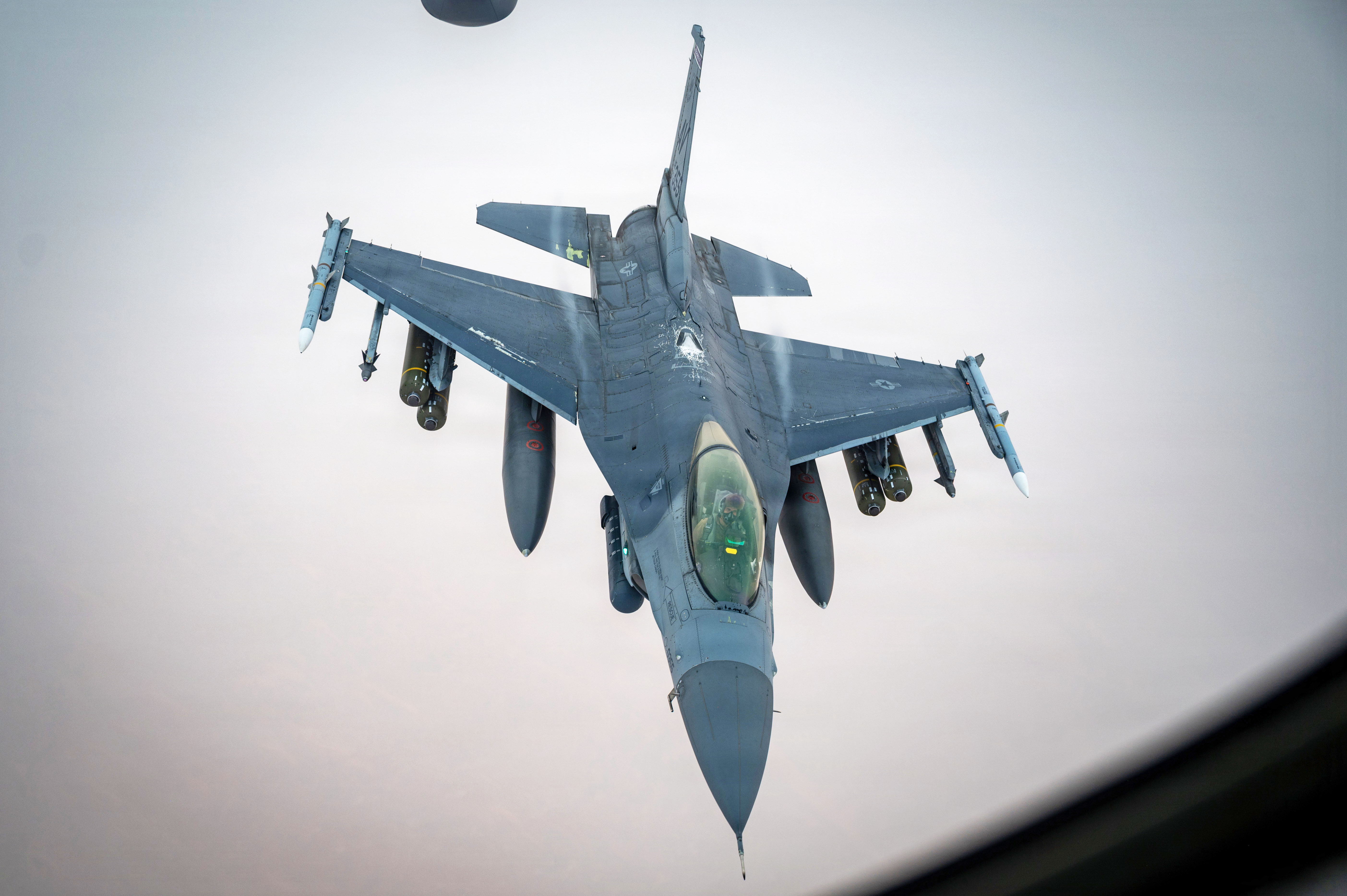 A U.S. Air Force F-16 Fighting Falcon aircraft flies over the U.S. Central Command area of responsibility, April 2, 2026. (U.S. Air Force photo)