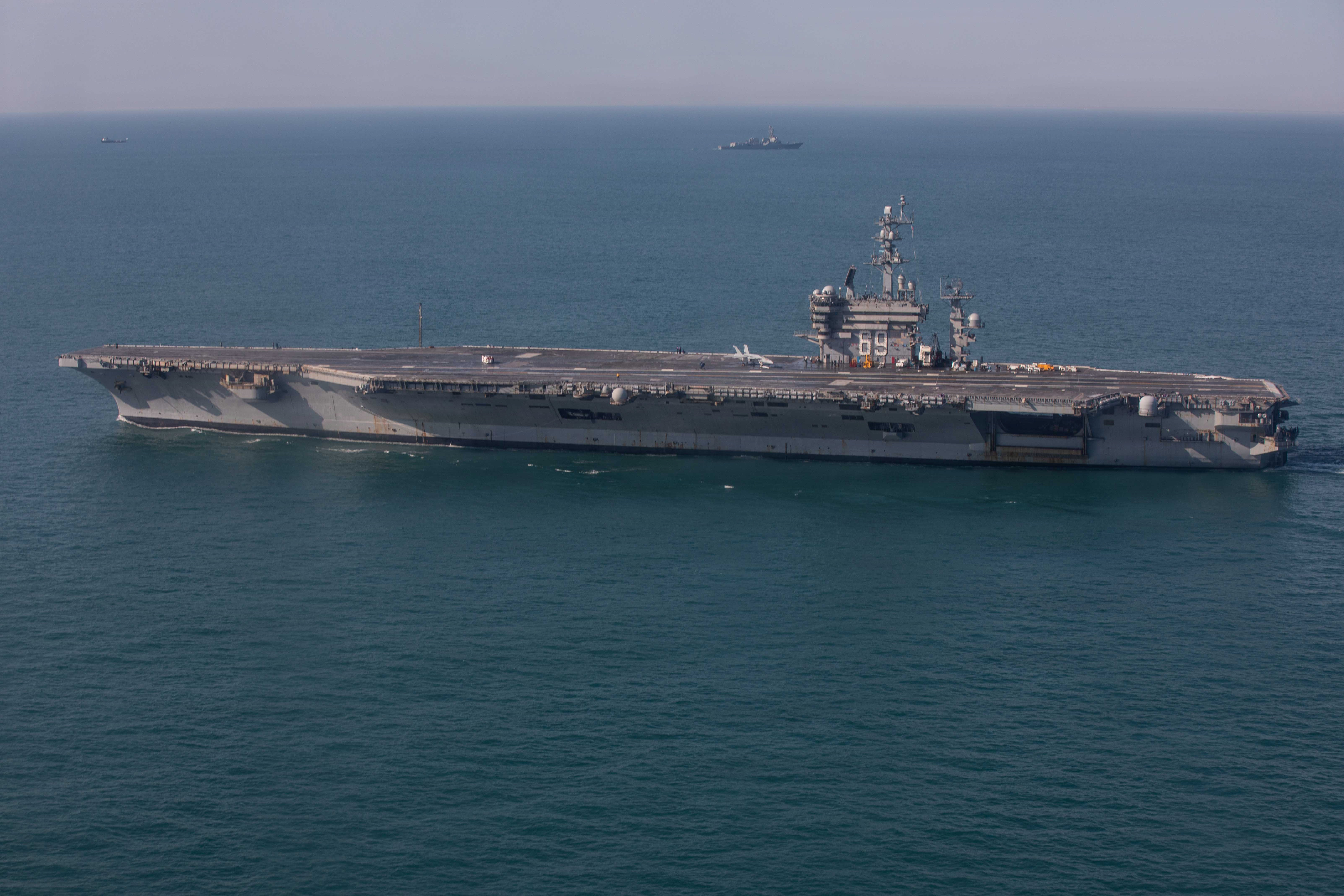 U.S. Navy Nimitz-class aircraft carrier USS Dwight D. Eisenhower (CVN 69) conducts a full power demonstration during Sea Trial in the Virginia Capes, Apr. 22, 2026. Eisenhower returned to sea and is now in the Basic Phase in the Optimized Fleet Response Plan. (U.S. Navy photo by Mass Communication Specialist Seaman Nicole Schweigert)