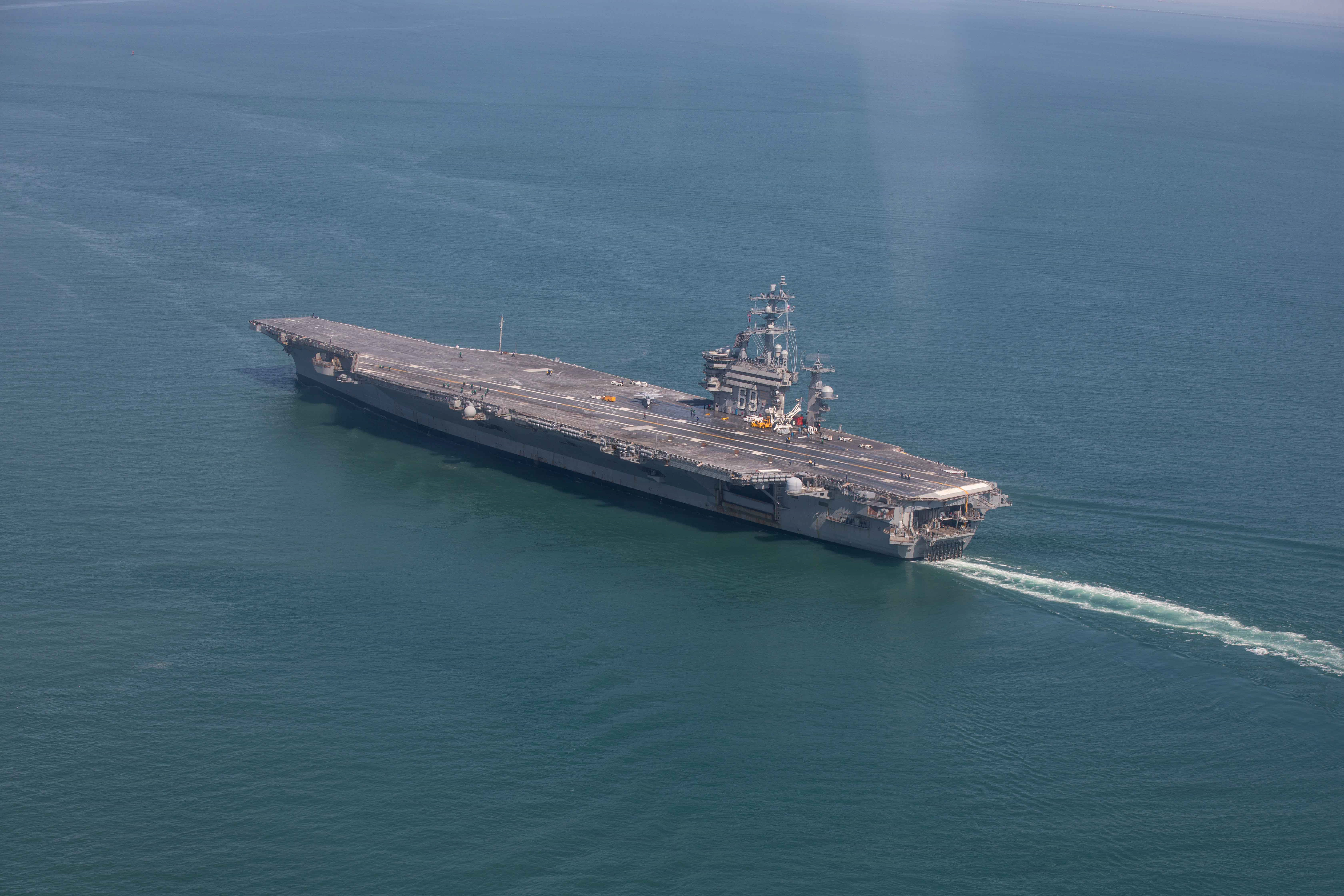 U.S. Navy Nimitz-class aircraft carrier USS Dwight D. Eisenhower (CVN 69) conducts a full power demonstration during Sea Trial in the Virginia Capes, Apr. 22, 2026. Eisenhower returned to sea and is now in the Basic Phase in the Optimized Fleet Response Plan. (U.S. Navy photo by Mass Communication Specialist Seaman Nicole Schweigert)