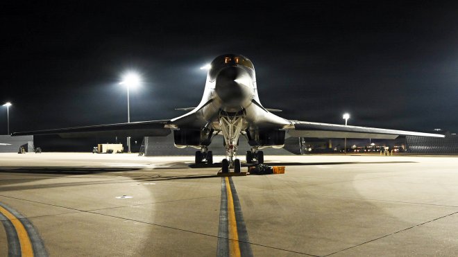 A U.S. Air Force B-1B Lancer prepares to taxi prior to takeoff in support of Operation Epic Fury, March 6, 2026.