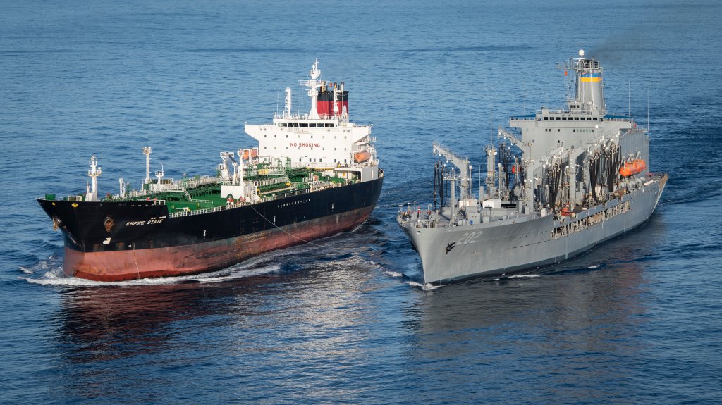 191028-N-LQ653-1474 PACIFIC OCEAN (Oct. 28, 2019) Henry J. Kaiser-class underway replenishment oiler USNS Yukon (T-AO-202, right, prepares to conduct a consolidated loading with commercial tanker MT Empire State. The evolution provided the Military Sealift Command (MSC) Pacific Commander the opportunity to exercise a training opportunity at sea with the two ships. (U.S. Navy photo by Mass Communication Specialist 1st Class Patrick W. Menah Jr./Released)