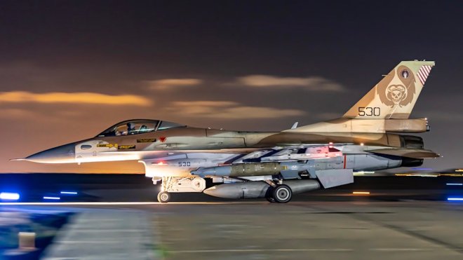 Israeli F-16 departs for combat mission.