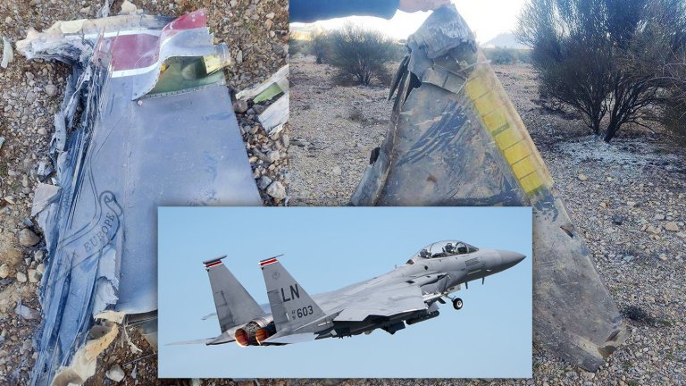 Iran claims it shot down a fighter over Iran showing wreckage on an F-15E.
